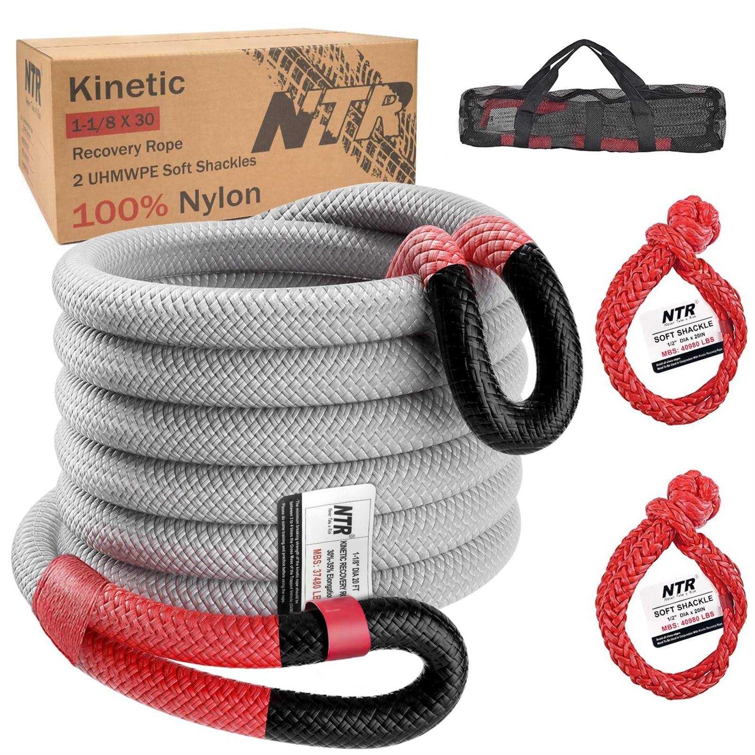 NTR 1-1/8 x 30′ Kinetic Recovery Tow Rope with 2 UHMWPE Soft Shackles - Cheap Fitting