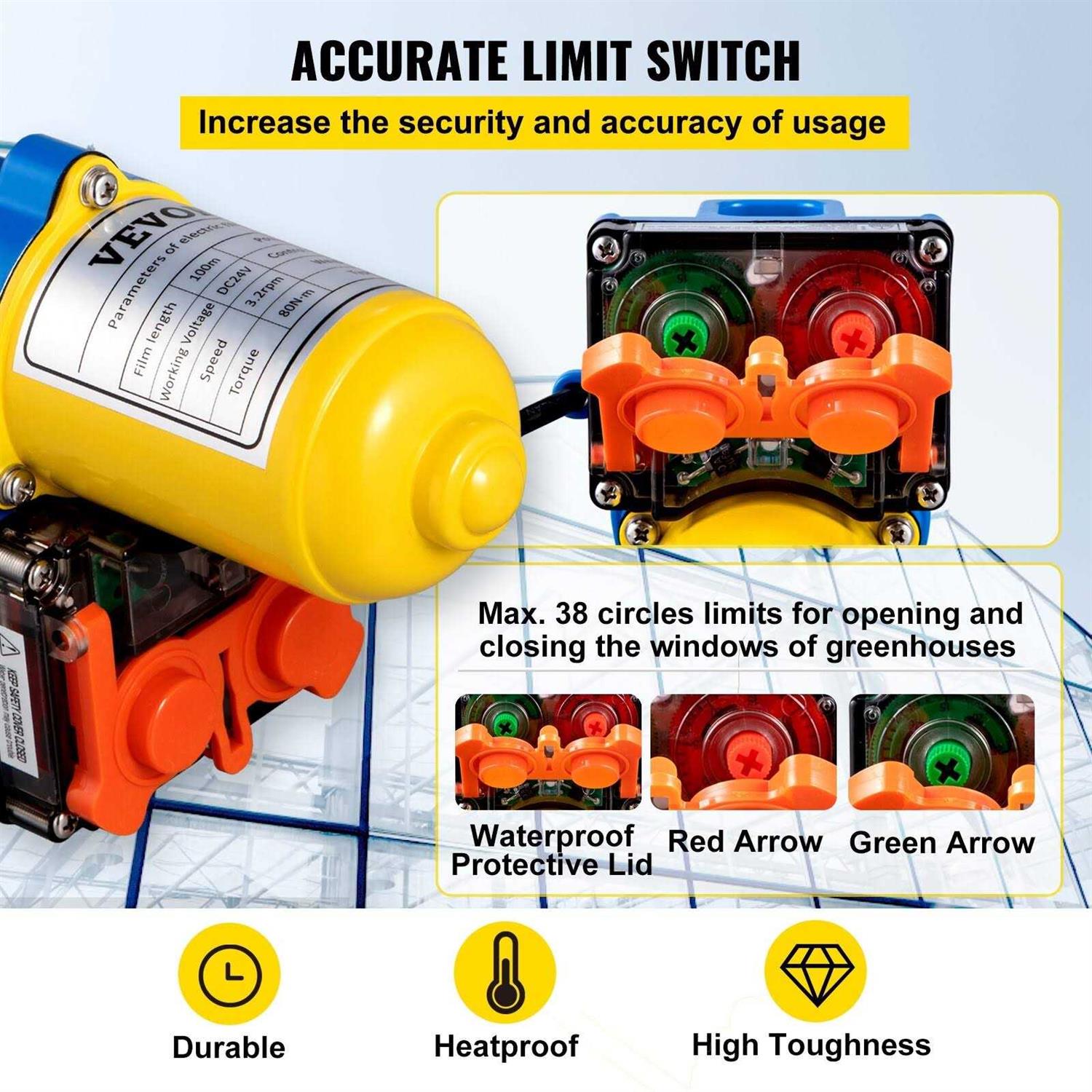 VEVOR Greenhouse Roll Up Motor 100W DC 24V 3.2 Rpm Waterproof Aluminum Alloy Electric Greenhouse Frame Shed Roll-Up Motor with Accurate Limit - Cheap Fitting