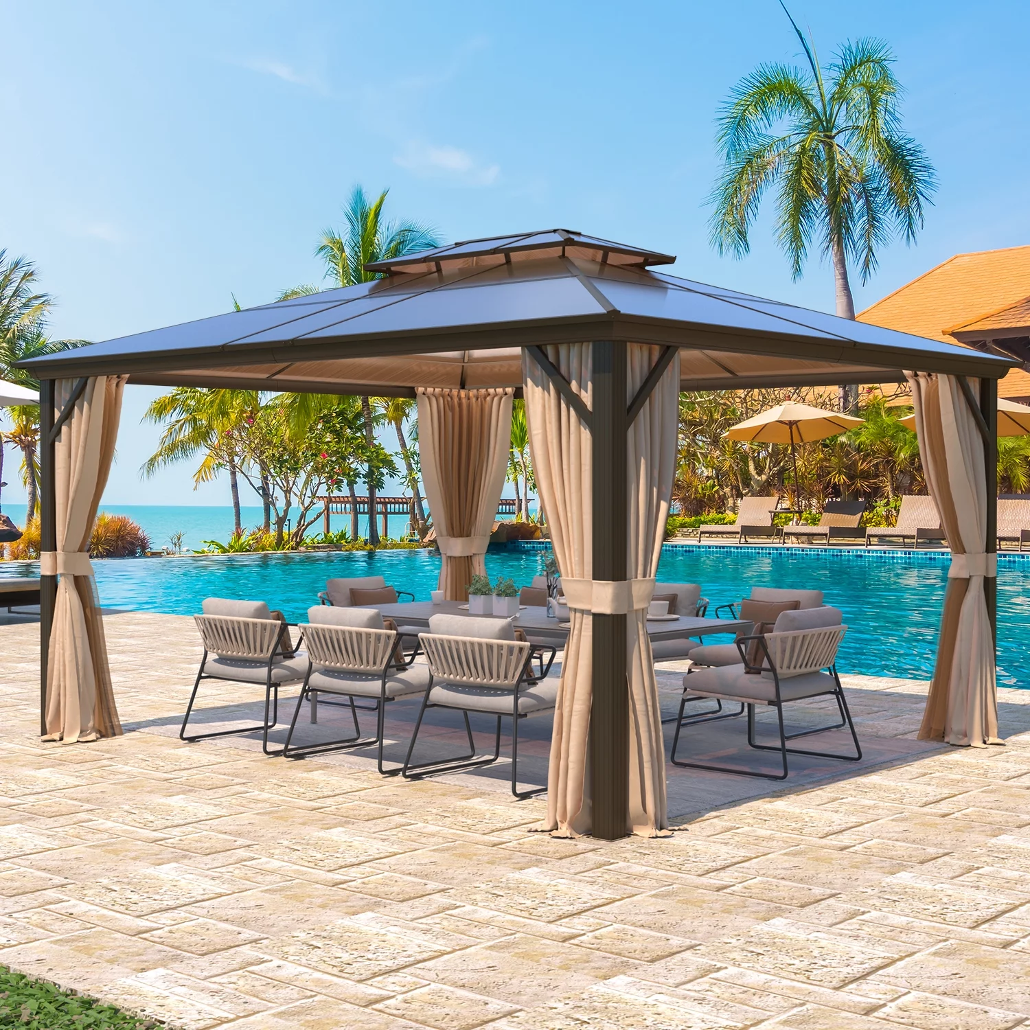 Yoleny 12'x16' Outdoor Polycarbonate Double Roof Hardtop 12 ft Gazebo Canopy, Brown - Cheap Fitting