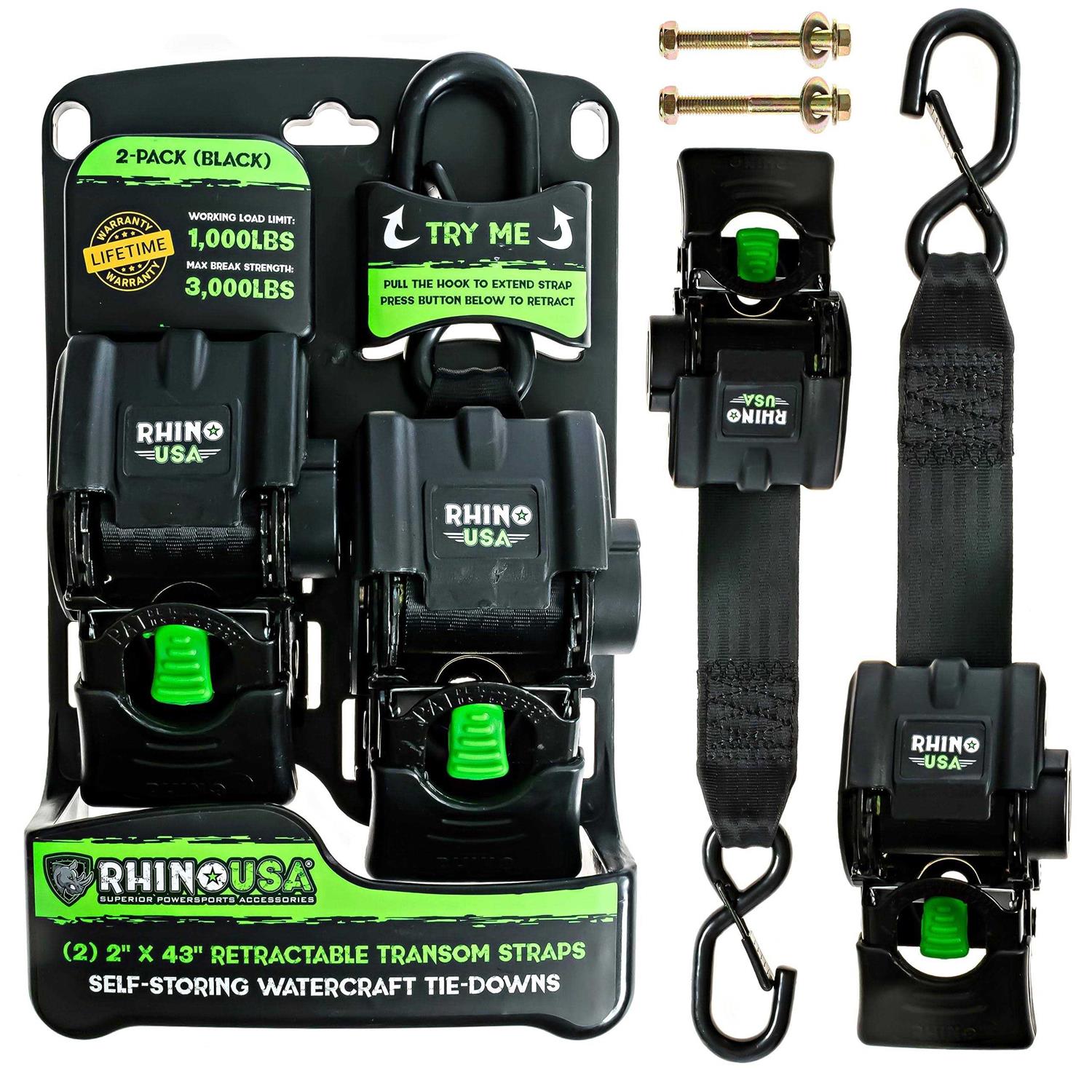 Rhino USA Retractable Transom Tie-Down Straps 1,800lb Guaranteed Max Break Strength - Cheap Fitting