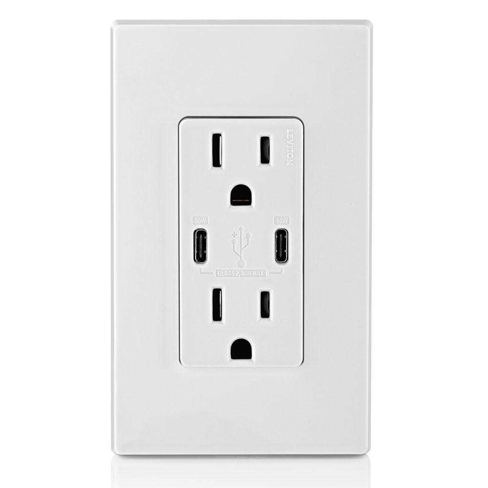 Leviton T5635-W 30W USB Dual Type-C/C Power Delivery In-Wall Charger with 15A Tamper-Resistant Outlet - Cheap Fitting