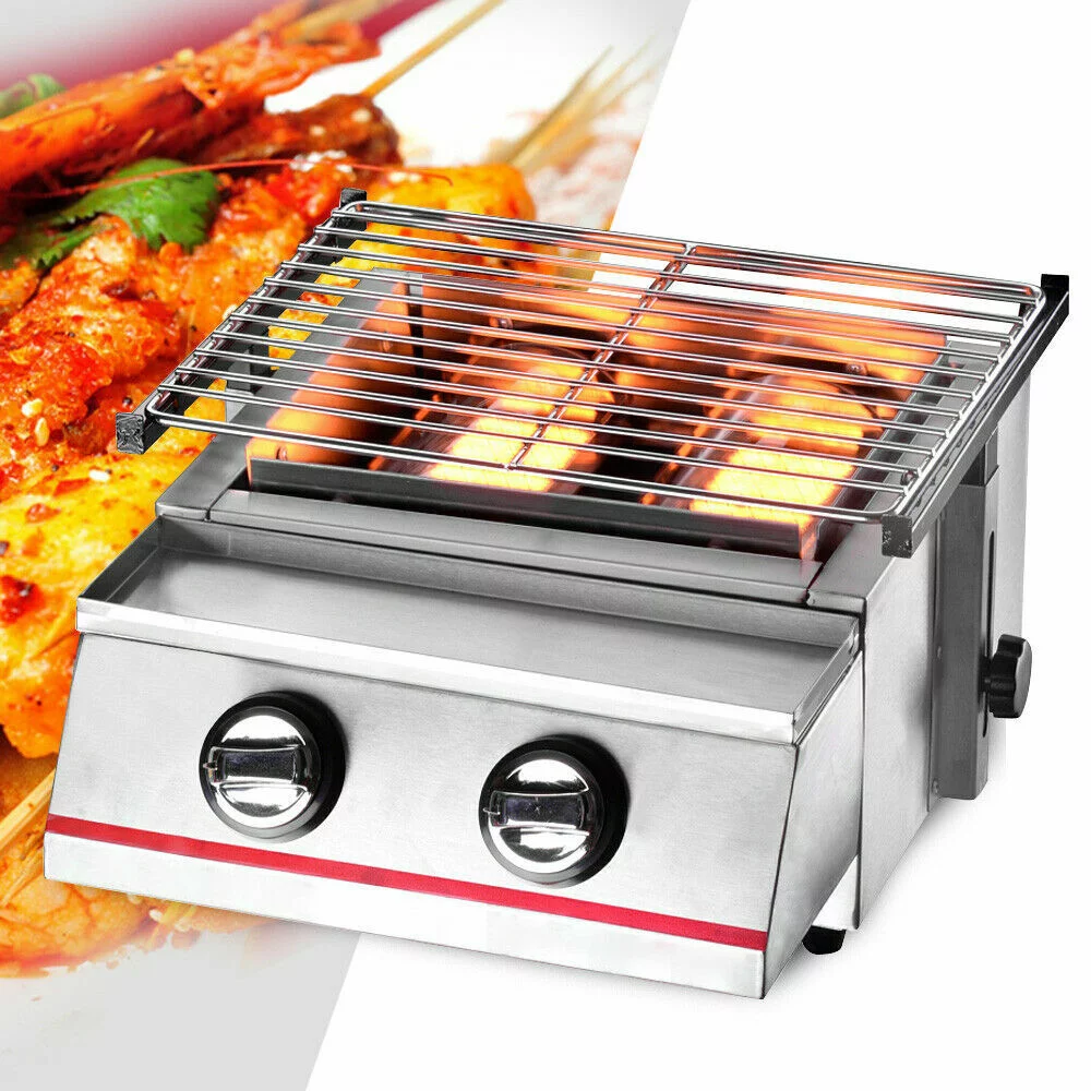 2 Burners Portable BBQ Table Top Camping Gas Smokeless Grill Stainless Steel - Cheap Fitting