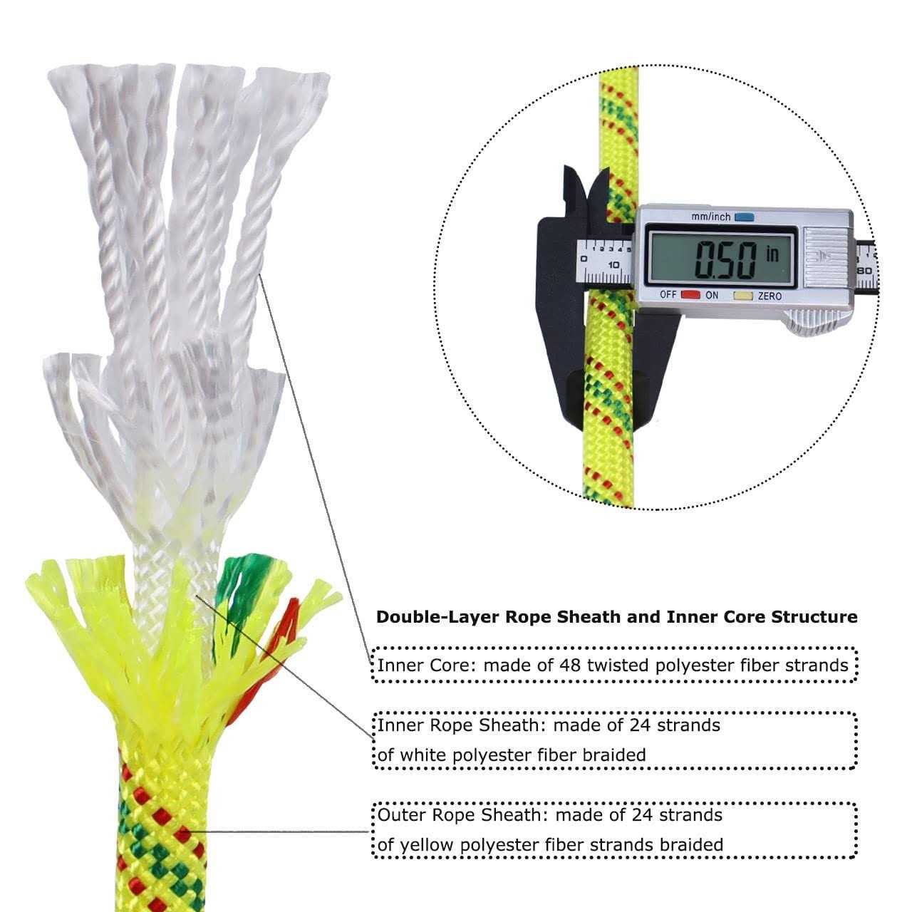 Double Braid Polyester Arborist Rigging Rope -1/2 inch x 100 feet - Cheap Fitting