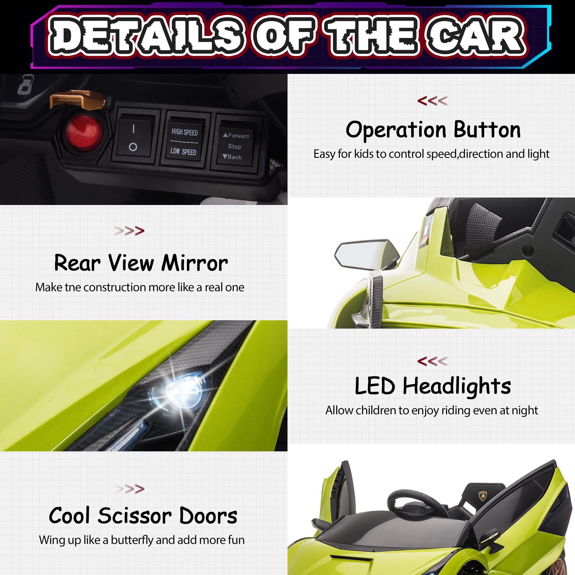 TOBBI 24V Lamborghini STO Licensed Kids Ride on Drift Car Gray Electric Car W/Remote Control LED Lights, up to 10 mph - Cheap Fitting