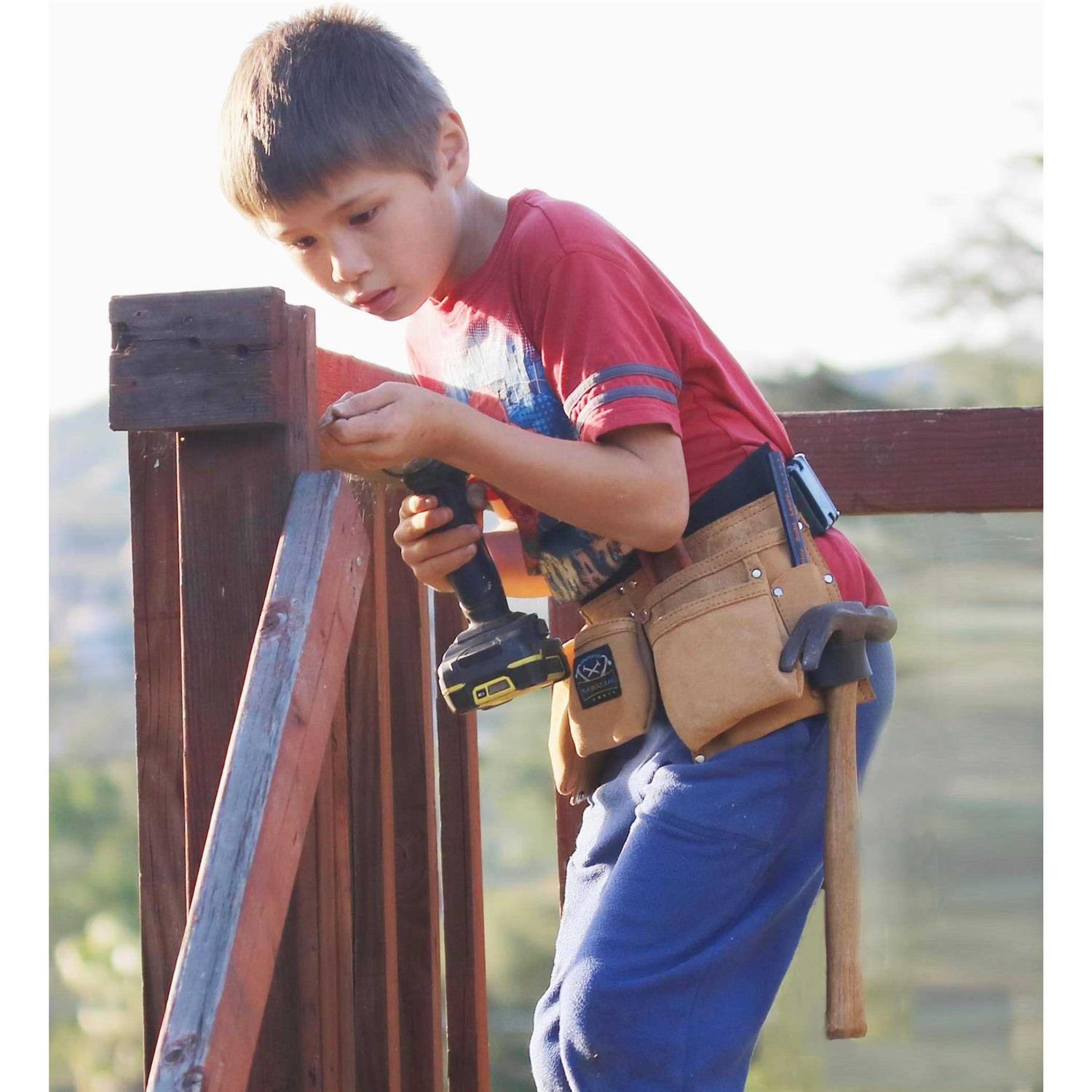 Real Leather Kids Tool Belt for Kids Woodworking Children Carpentry Carpenter Tool Apron for Boys and Girls Young Builders Gift Fits Waist Size 21 - Cheap Fitting