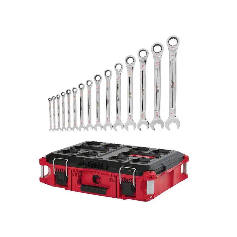 Milwaukee SAE Combination Ratcheting Wrench Set with PACKOUT 22 in. Tool Box - Cheap Fitting