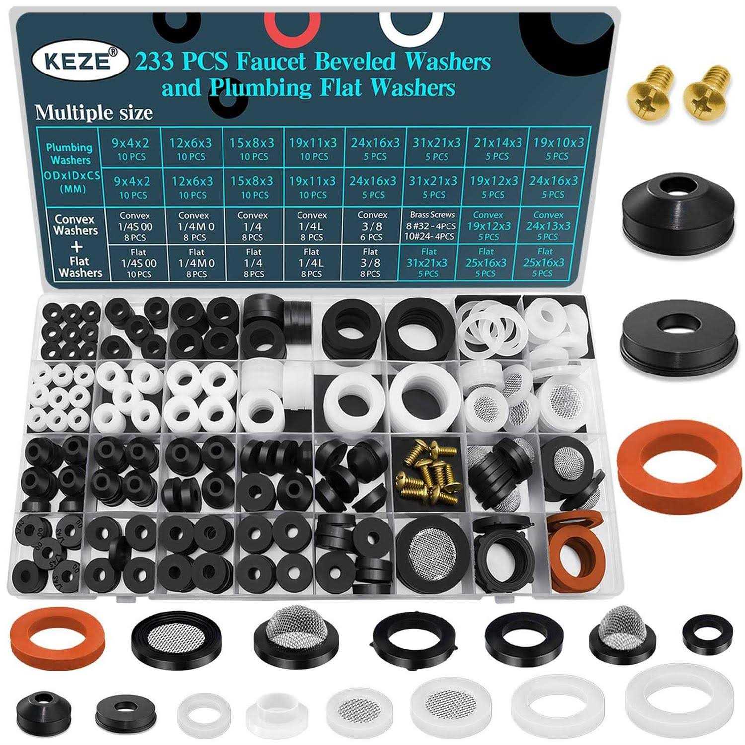 Keze 233 Pcs Faucet Beveled Washers and Plumbing Flat Rubber Washers With Brass Bibb Screws Assortment Kit for Assorted Faucets Stem Worn Out Plumbing - Cheap Fitting