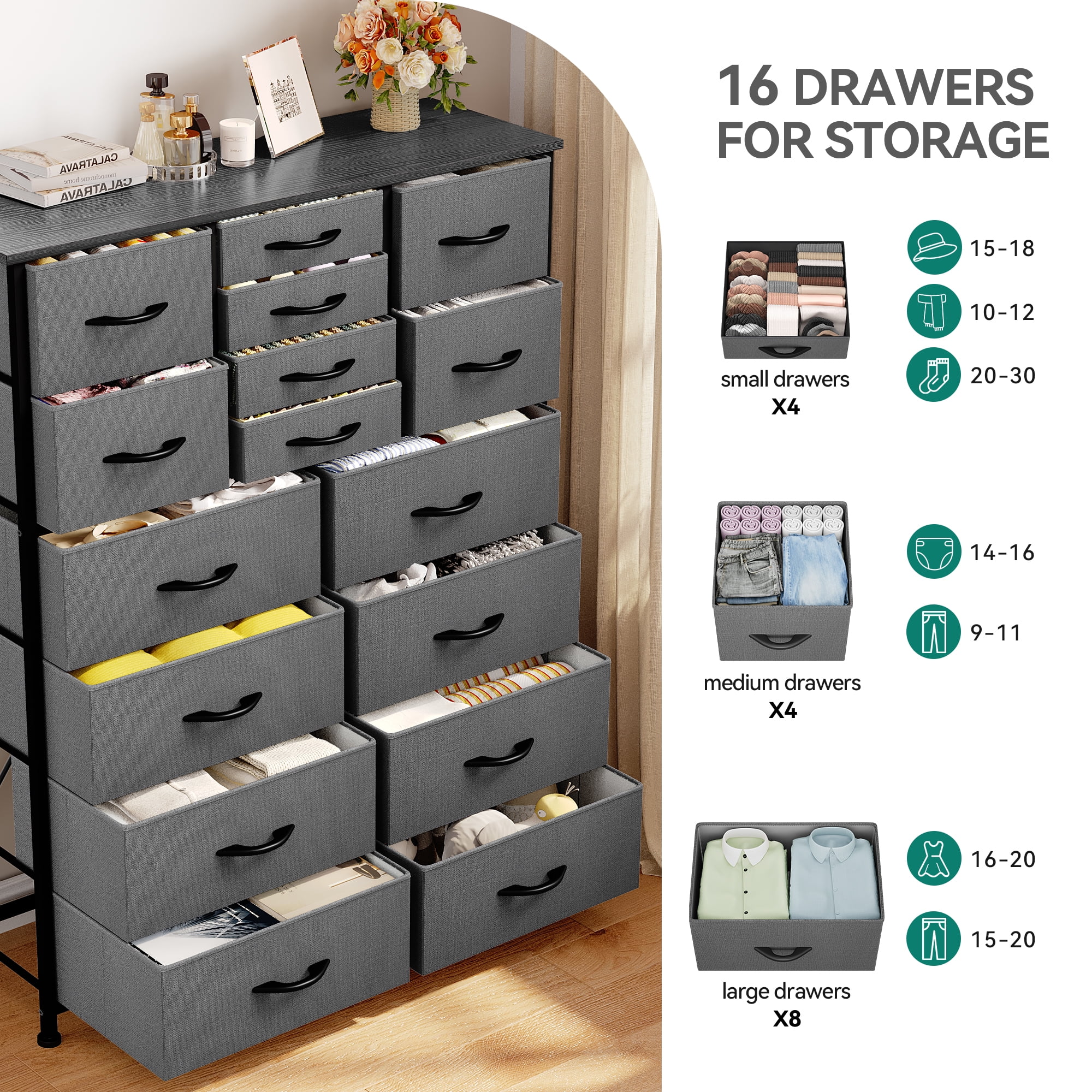 Dextrus 16 Drawer Dresser, Tall Fabric Dresser for Bedroom, Large Chest of Drawers, with Sturdy Metal Frame and Wooden Top - Cheap Fitting