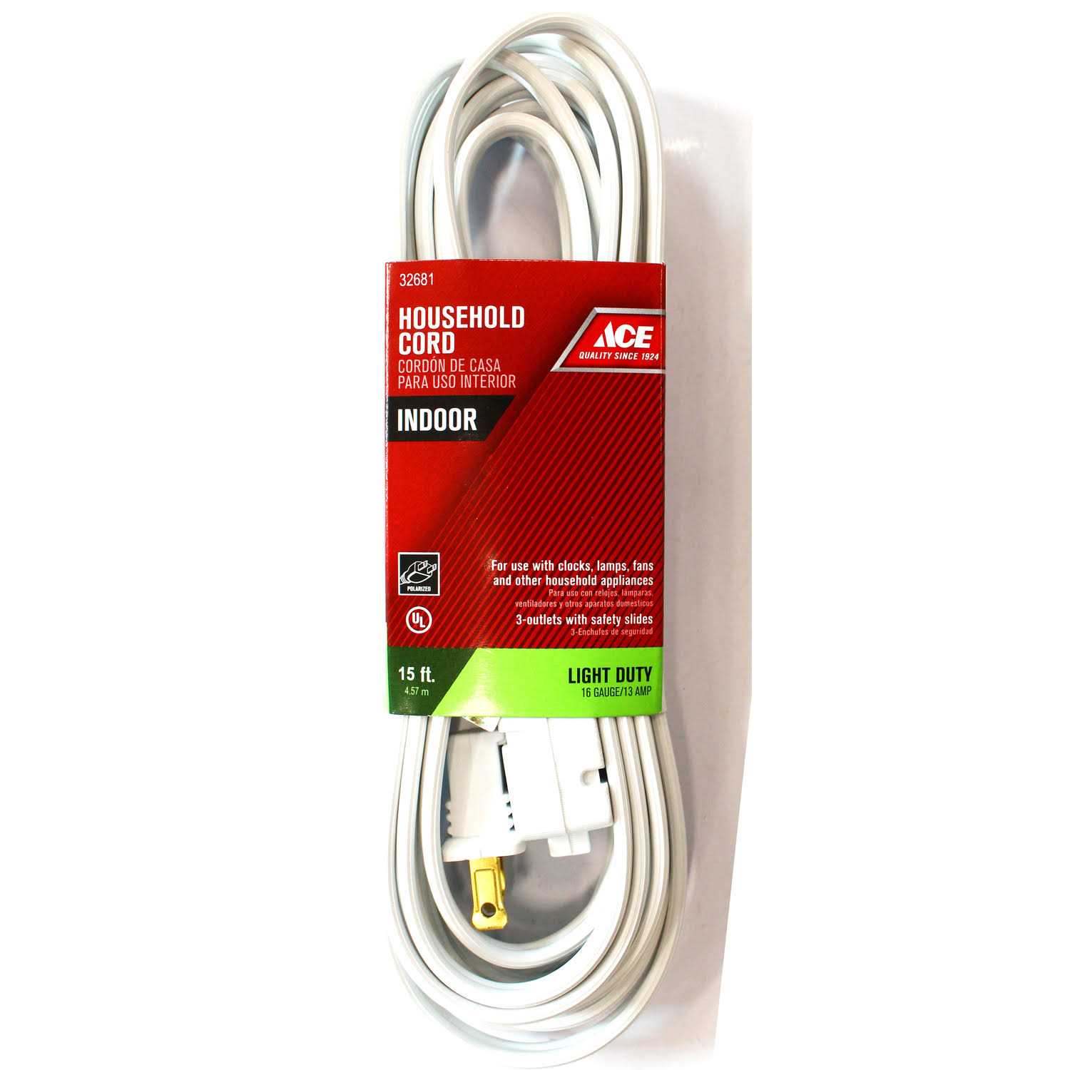 Ace Indoor 15 ft. L White Extension Cord 16/2 SPT-2 - Cheap Fitting