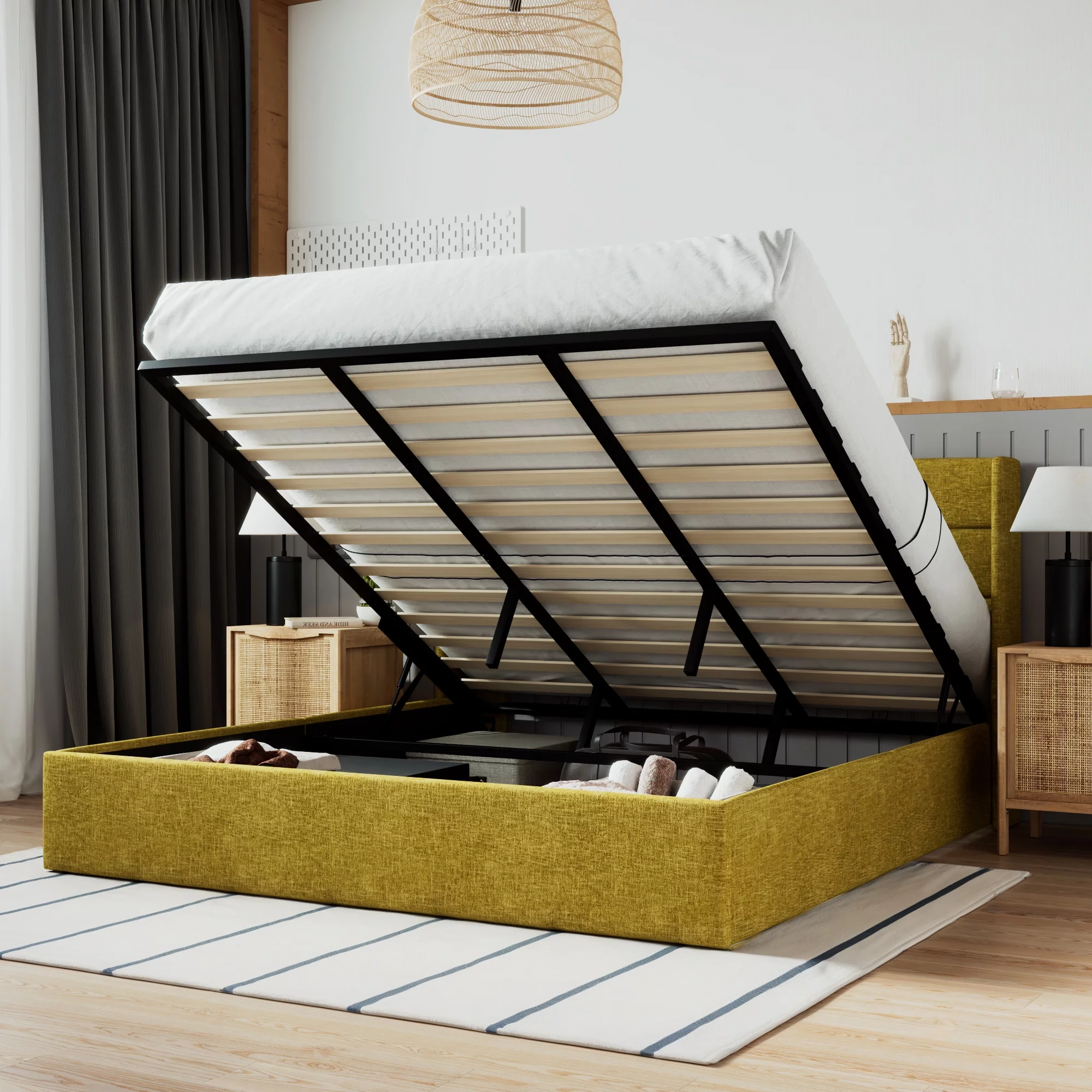 SHA CERLIN Beige Queen Size Lift Up Platform Bed Frame with Headboard, Wingback & Storage, Adult - Cheap Fitting