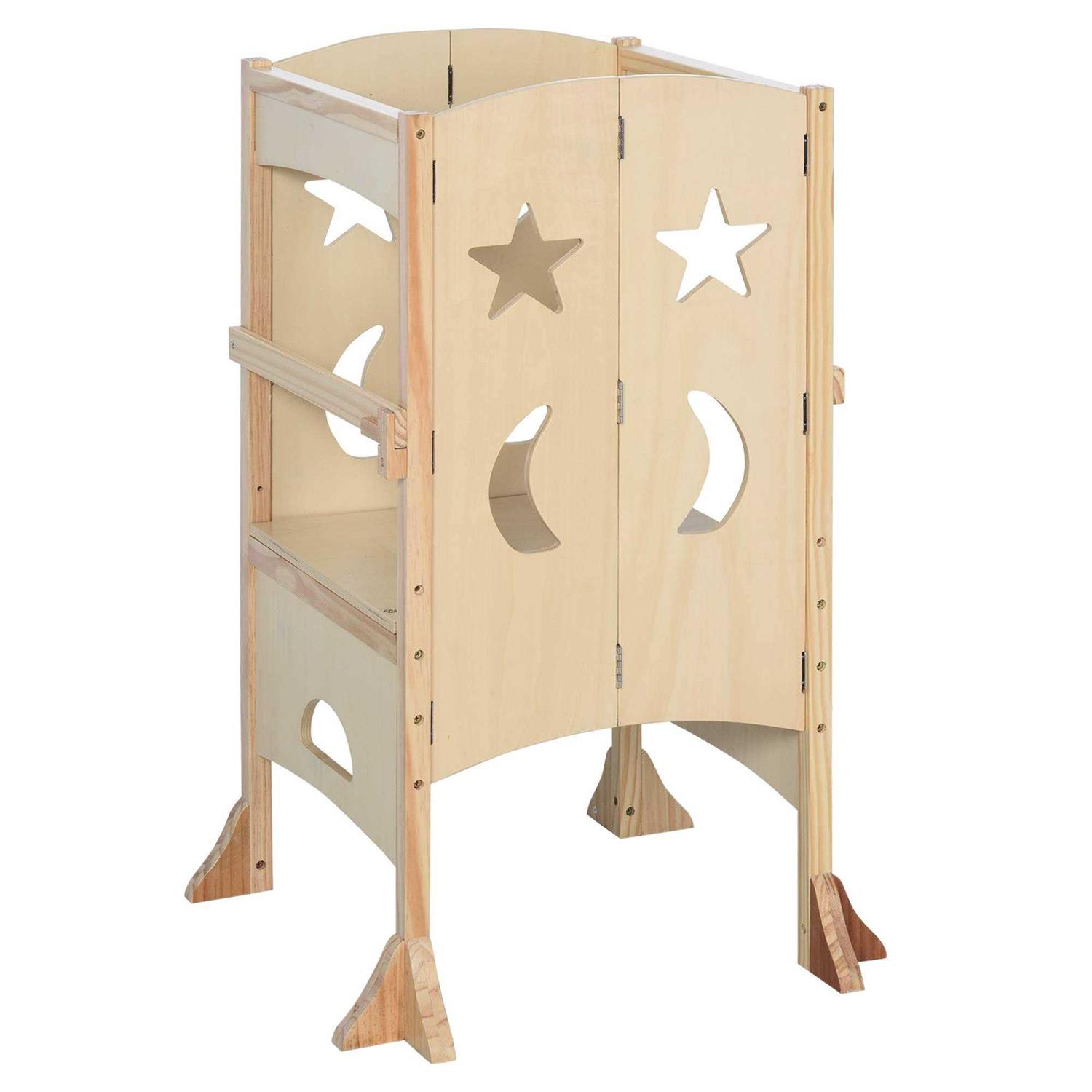 Qaba Kitchen Step Stool For Kids Wooden Foldable Helper Bathroom Stool For Toddlers With Support Handles Safety Rail - Cheap Fitting