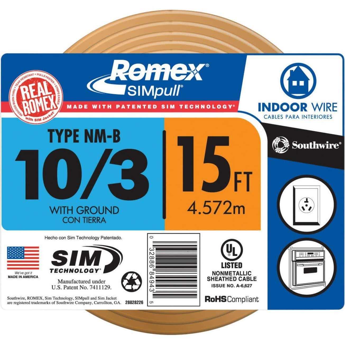 Southwire 15 ft. 10/3 Solid Romex Type NM-B WG Non-Metallic Wire - Cheap Fitting