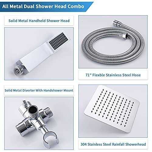 G-promise All Metal 8 Dual Square Shower Head Combo Rain Handheld Wand with 71 Extra Long Flexible Hose - Cheap Fitting