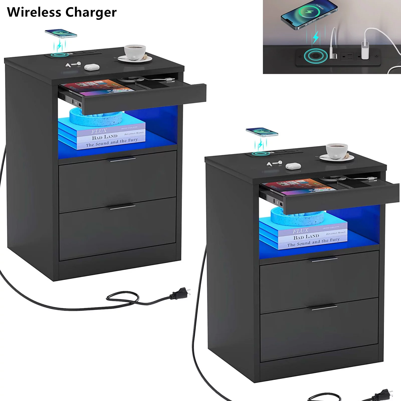 Aunfebrco Set of 2 Black LED Nightstand with Wireless Charging Station & 2 Drawers, Modern End Side Table Bedside Table for Bedroom - Cheap Fitting