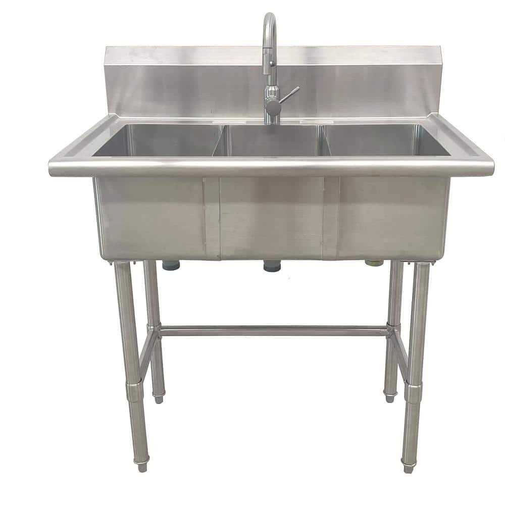 Glacier Bay All-in-One 38 in. Stainless Steel 3 Compartment Commercial Utility Kitchen Sink with Faucet U3824T - Cheap Fitting