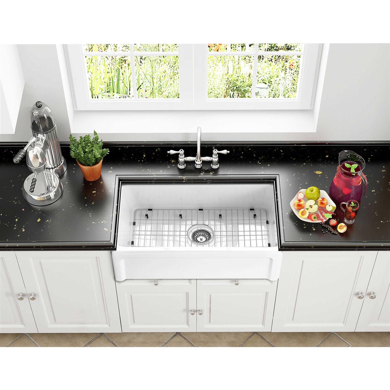 allen + roth Farmhouse Apron Front 30-in x 18-in White Fireclay Single Bowl Kitchen Sink Stainless Steel MC-20404R - Cheap Fitting