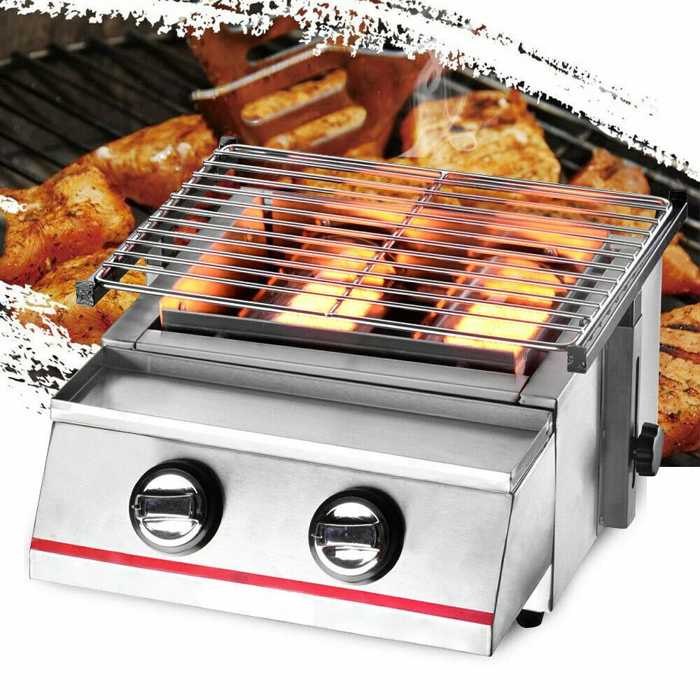 2 Burners Portable BBQ Table Top Camping Gas Smokeless Grill Stainless Steel - Cheap Fitting