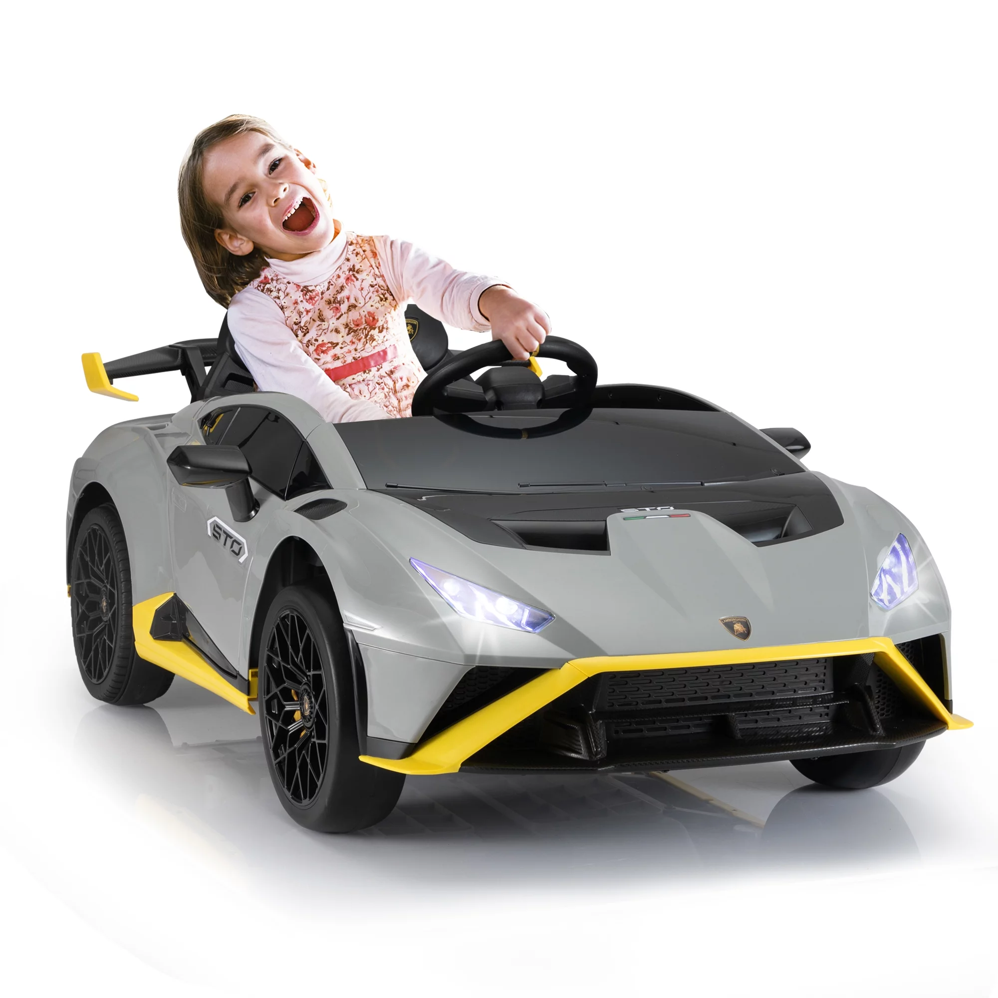 TOBBI 24V Lamborghini STO Licensed Kids Ride on Drift Car Gray Electric Car W/Remote Control LED Lights, up to 10 mph - Cheap Fitting