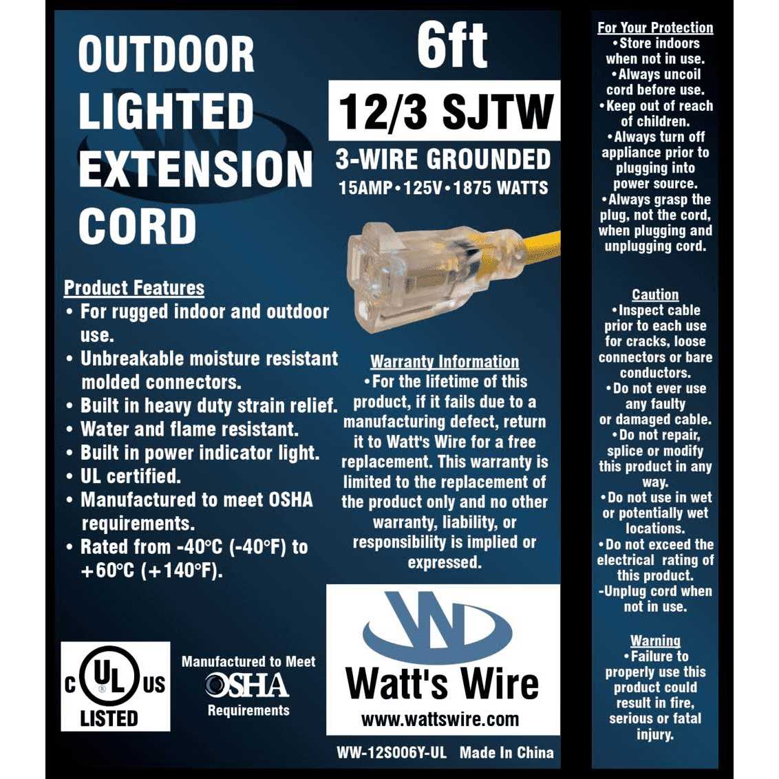 Watt’s Wire 6ft 12Awg SJTW UL Extension Cord - Cheap Fitting