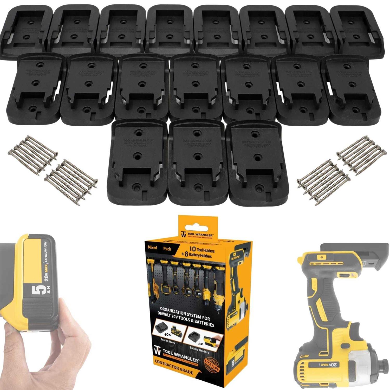Tool Wrangler Organization For Dewalt 20V Tools & Batteries Black 18pc Combo 10+8 = 10 Dewalt Tool Holder + 8 Dewalt Battery Holder - Cheap Fitting