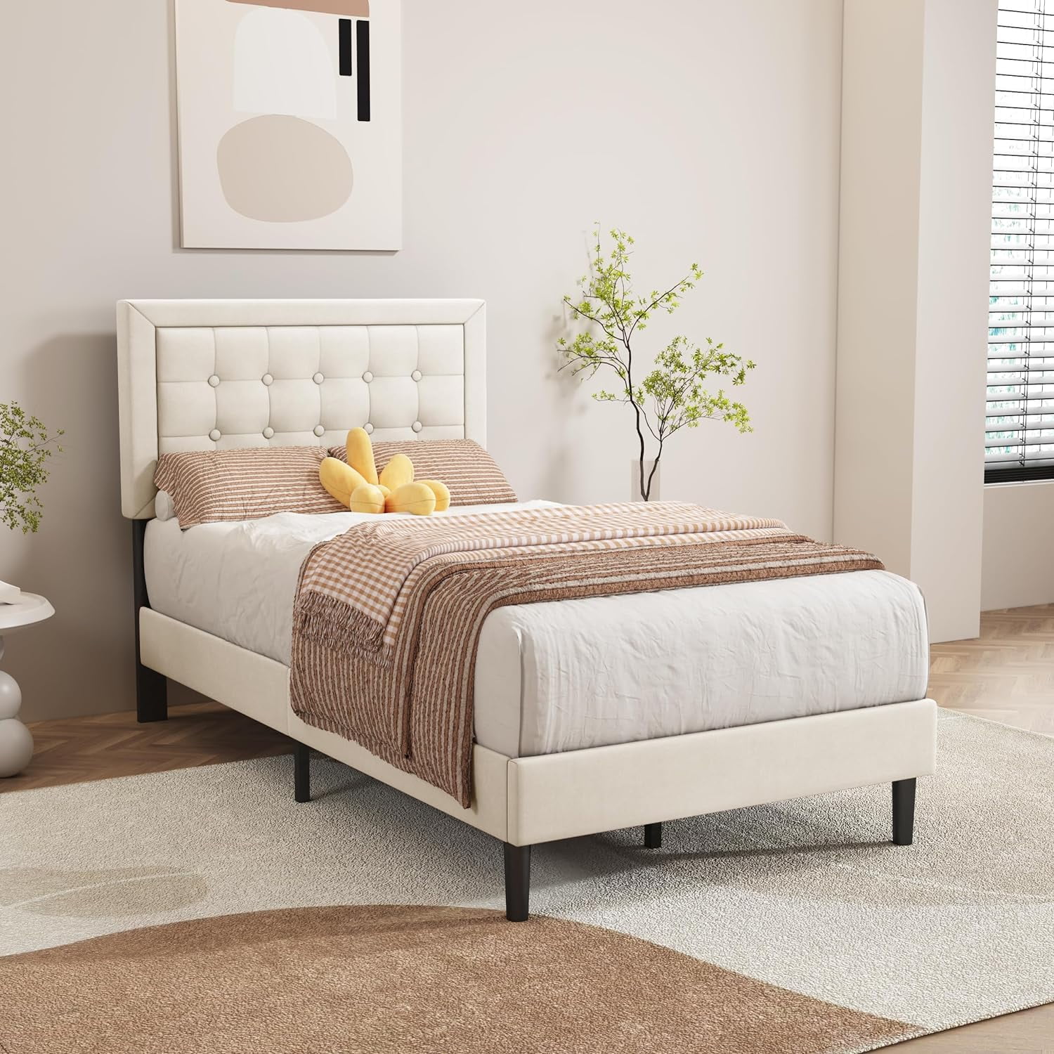 alazyhome Velvet Upholstered Platform Bed Frame Twin Size with Button Tufting Headboard , Easy Assembly, Pink - Cheap Fitting