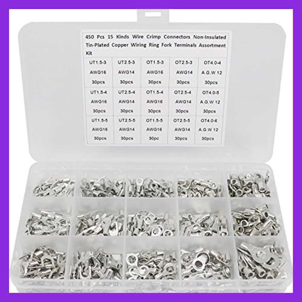 Zovfam 450Pcs 15 in 1 Crimp Terminal Non-Insulated Ring Fork U-Type Female Terminals Assortment Kit Cable Wire Connector Crimp Electric Wire Terminals - Cheap Fitting
