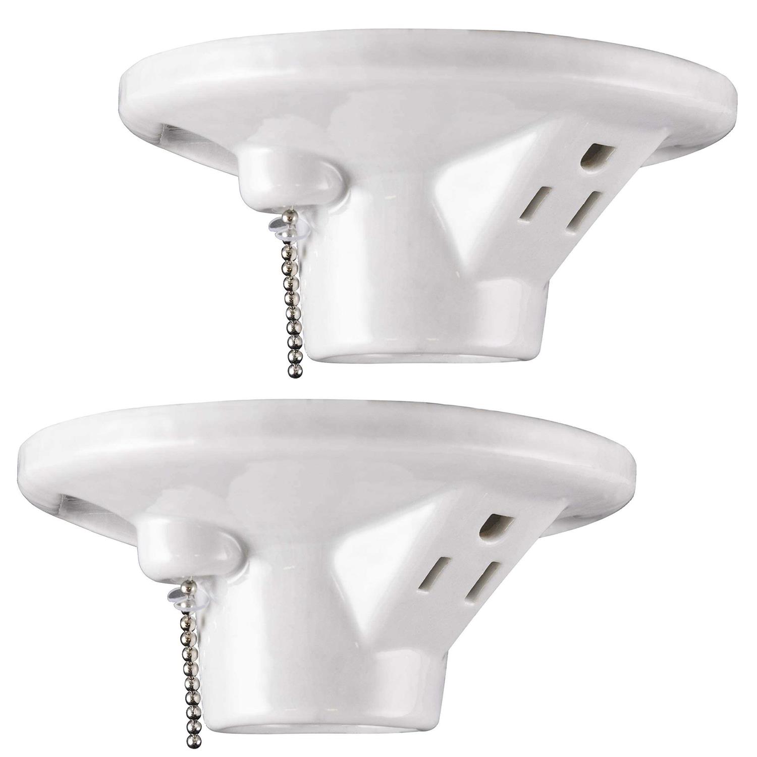 UltraPro Porcelain Lampholder with Outlet and Pull Chain, 2 Pack, Medium Base, Grounded Plug, Indoor Lighting, 3-Prong, Mount on 3-1/4” or 4” Box - Cheap Fitting