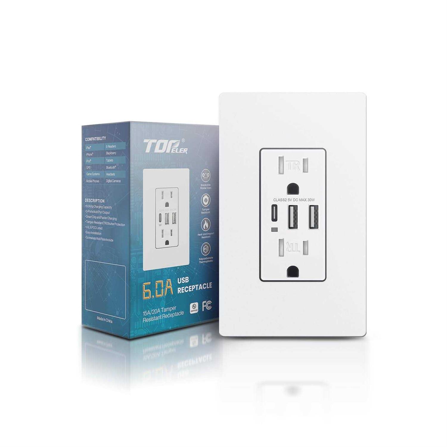 TOPELER USB Wall Outlets 3-Port USB C Outlet Receptacles 30W 6.0A USB Electrical Outlet - Cheap Fitting