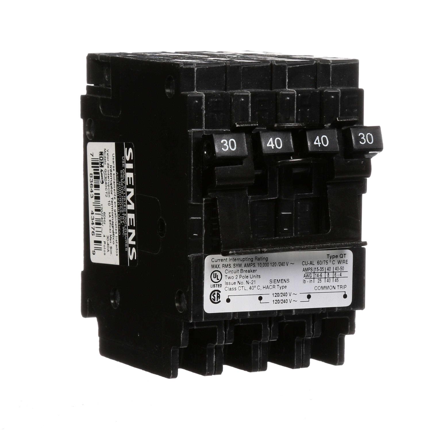 Siemens q23040ct2 30-Amp Double Pole 40-Amp 10-Kaic Circuit Breaker - Cheap Fitting