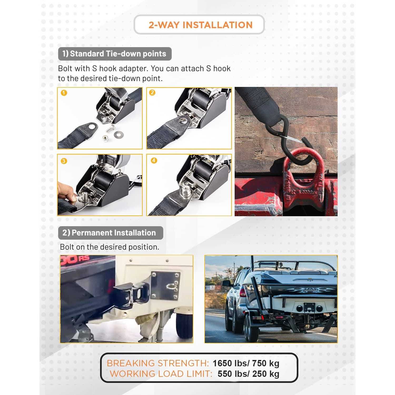 Strapinno 2PCS Retractable Ratchet Straps Heavy Duty Transom Tie-Downs for Boat - Cheap Fitting