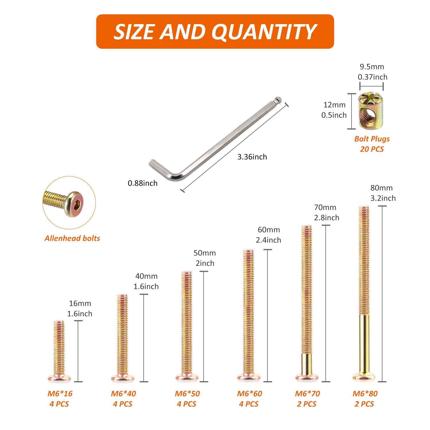 Crib Screws Hardware Replacement Kit 28 Set Baby Bed Frame Bolts &Barrel Nuts Set for Delta/Graco/Dream On Me,M6x20/40/60/80 mm Hex Drive Socket - Cheap Fitting