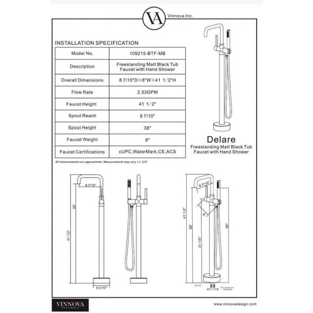 Vinnova Delara Freestanding Chrome Tub Faucet with Hand Shower 109215-BTF-BG - Cheap Fitting