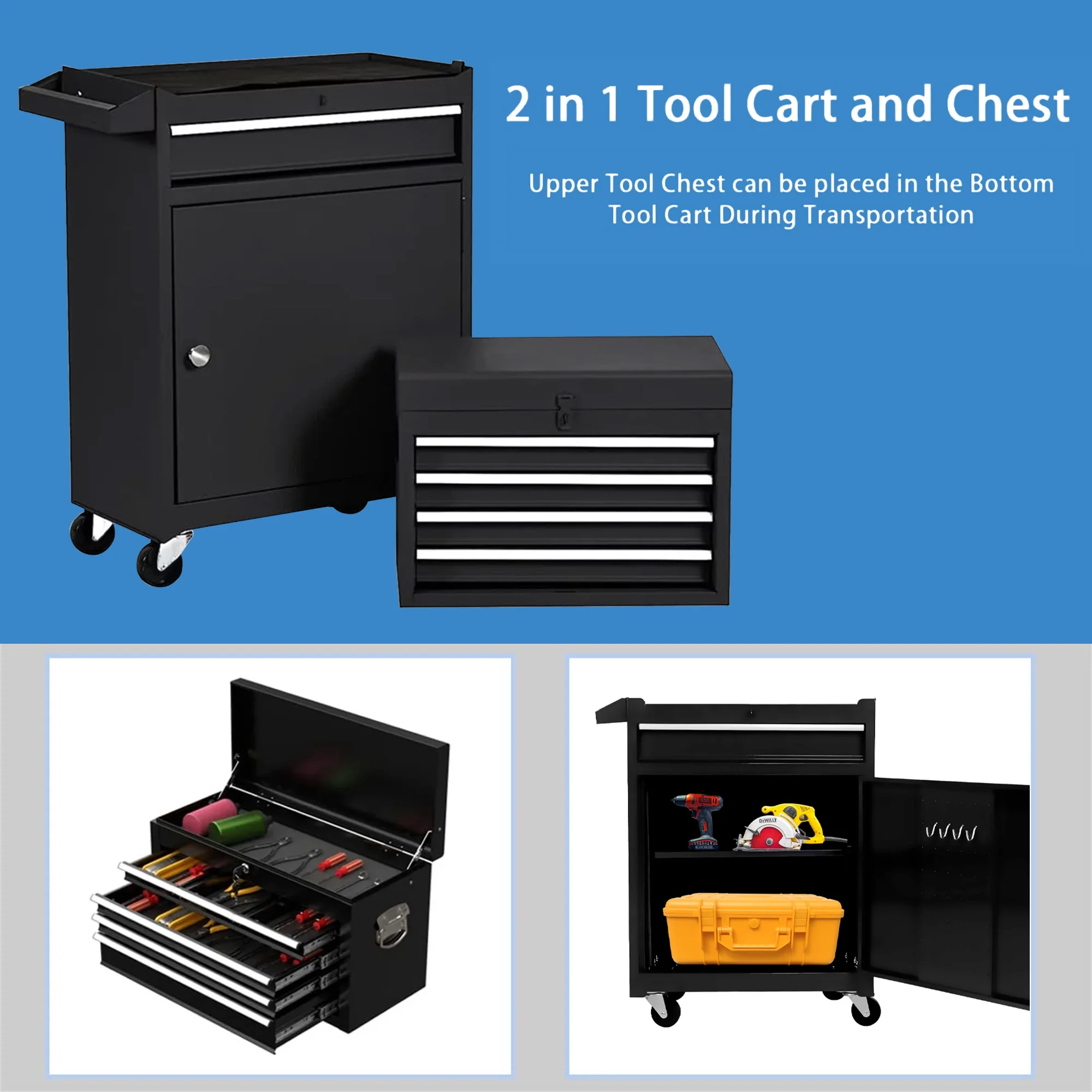 Aukfa Tool Chest, 2 in 1 Steel Rolling Tool Box & Cabinet On Wheels for Garage, 8-Drawer, Blue - Cheap Fitting