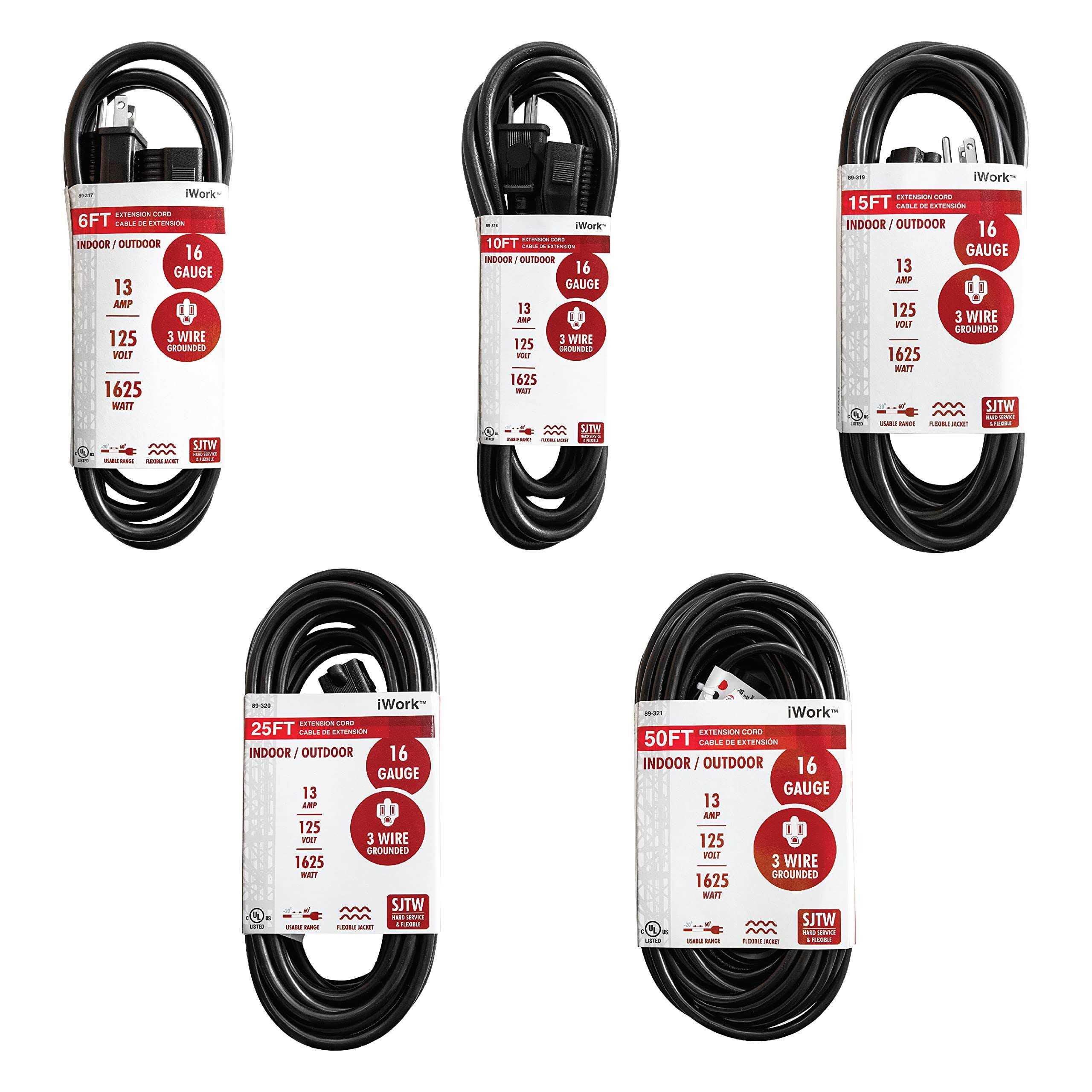 iWork Black Extension Cord 3 Prong, Weather-Resistant 16/3 SJTW, 1625 Watt, 13 AMP Rating with UL Listed for Indoor and Outdoor Uses - Cheap Fitting