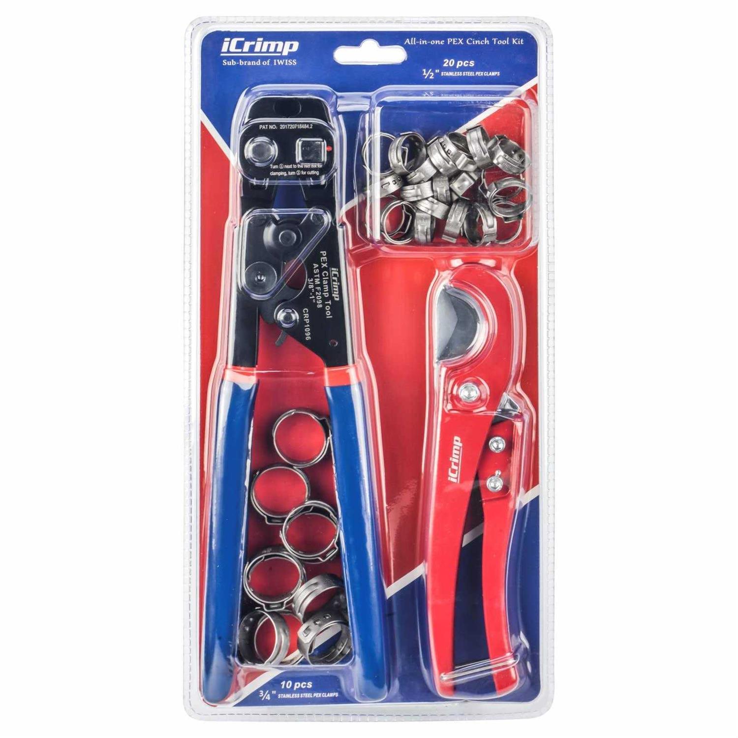 iCRIMP Ratchet PEX Cinch Tool with Removing function for 3/8 to 1-inch Stainless Steel Clamps with 20PCS 1/2-inch and 10PCS 3/4-inch PEX Clamps and - Cheap Fitting