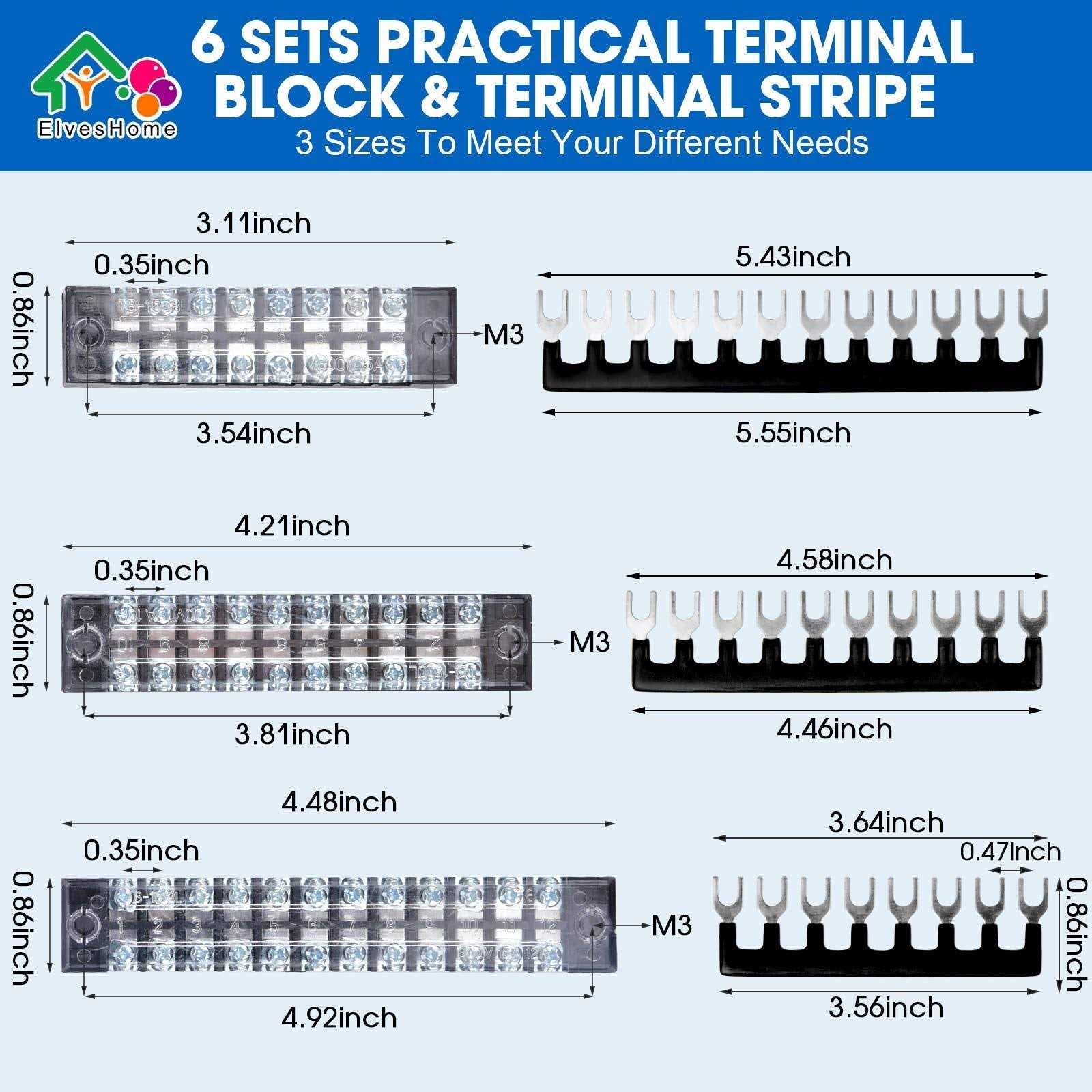 ElvesHome Terminal Blocks Ground Circuit 12PCS/6 Set 8+10+12 Positions 600V 15A Dual Row Bus Bar Wire Amp Mount Screw Terminal Block Kit with Cover - Cheap Fitting