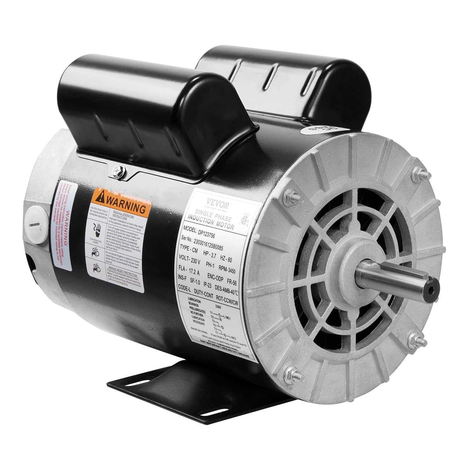VEVOR 3.7HP Air Compressor Motor 3450 RPM Single Phase Electric Motor 5/8 in. Keyed shaft 230V 17.2A 56 Frame CW/CCW Rotation - Cheap Fitting