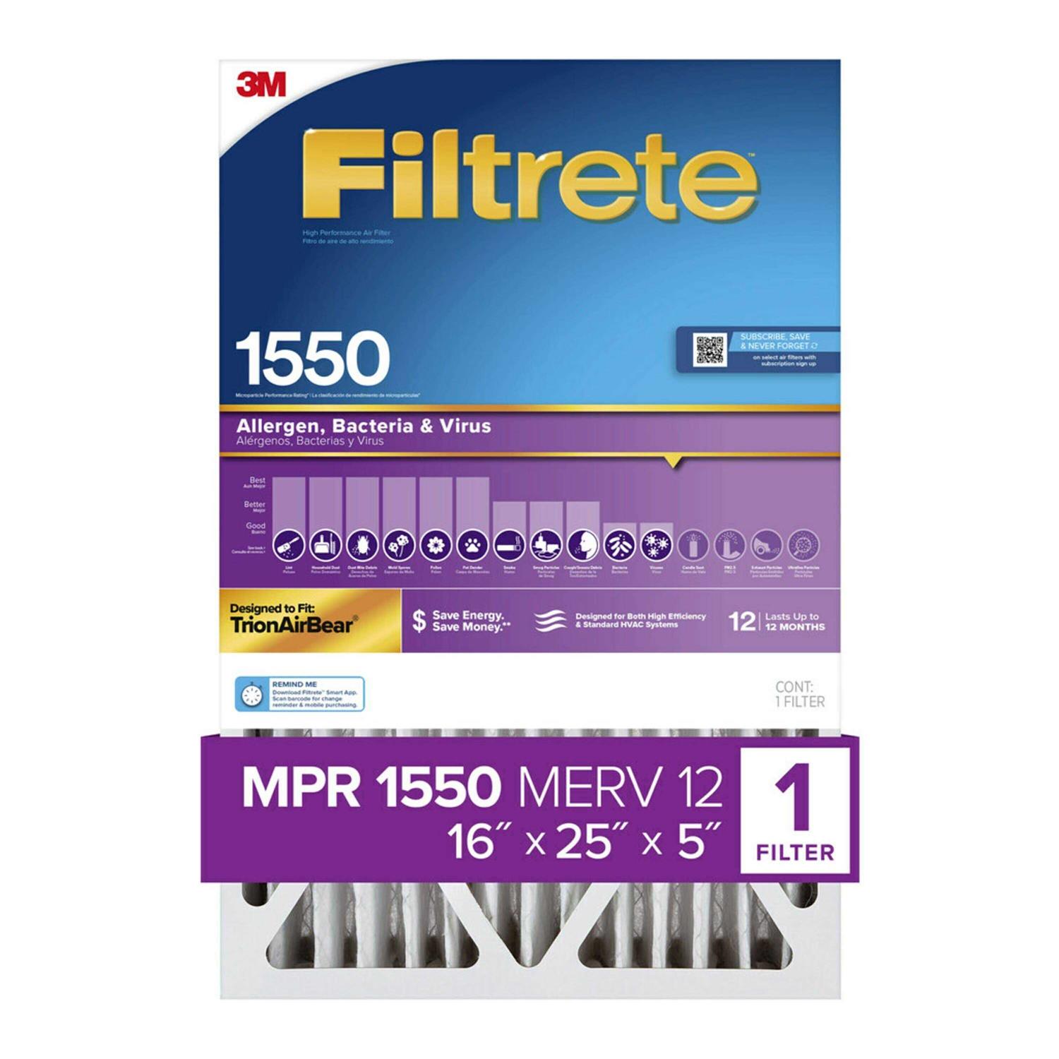 Filtrete 16-in W x 25-in L x MERV 12 1550 MPR Allergen, Bacteria and Virus Electrostatic Pleated Air Filter - Cheap Fitting