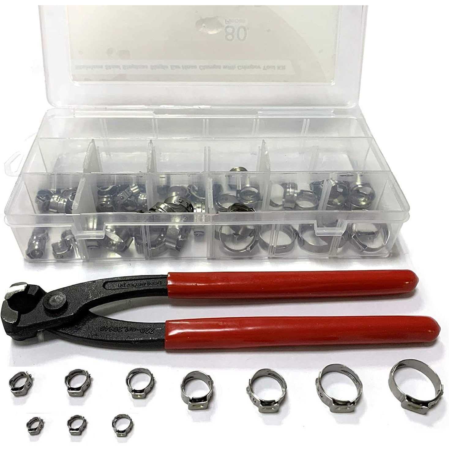 Leberna 115 Pcs 304 Stainless Steel Stepless Single Ear 7-29mm Hose Clamps with Pincers Crimper Tool Kit - Cheap Fitting