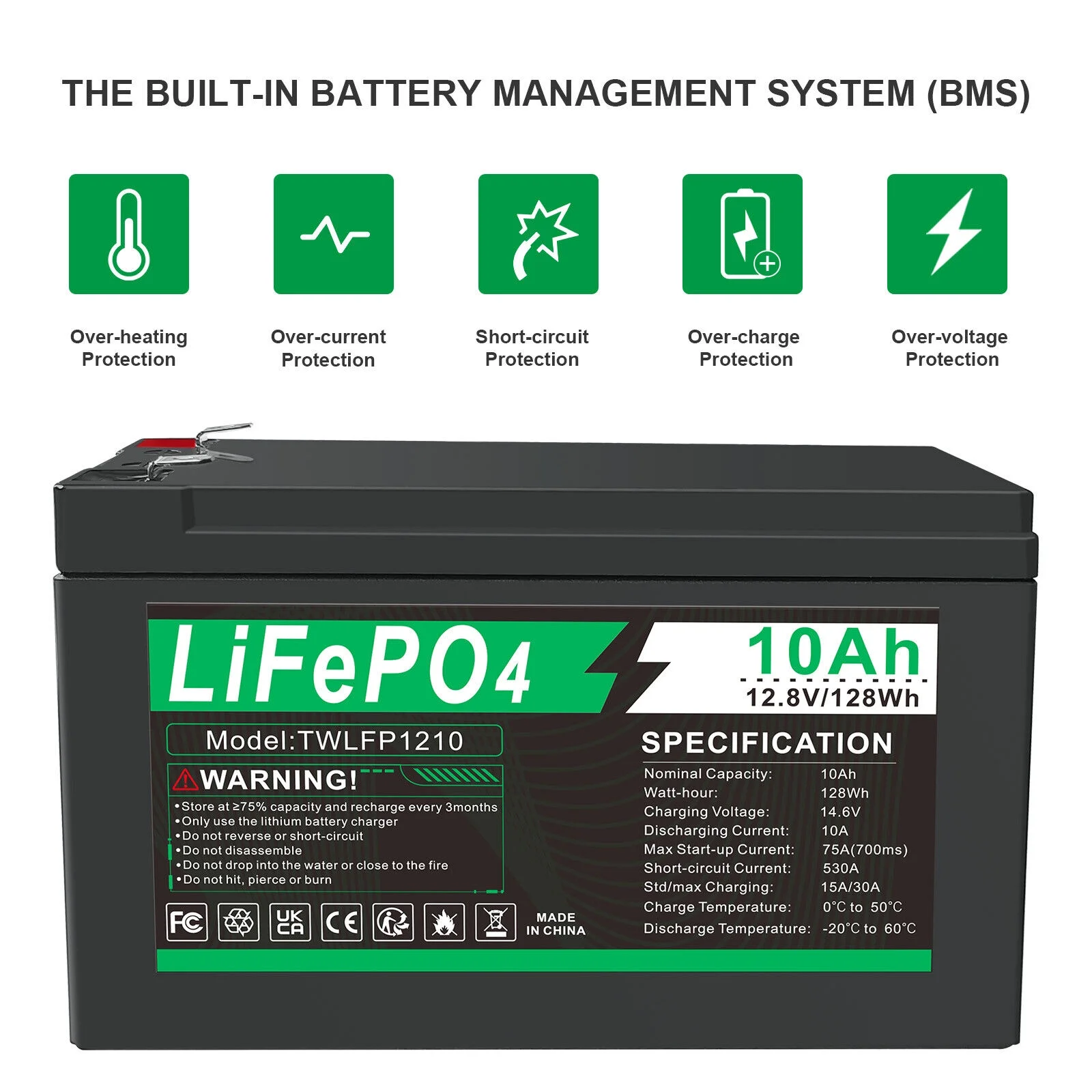 BMS LiFePO4 Battery 12V Lithium 10Ah 2000+ Deep Cycle for RV Boat Home Outdoor - Cheap Fitting