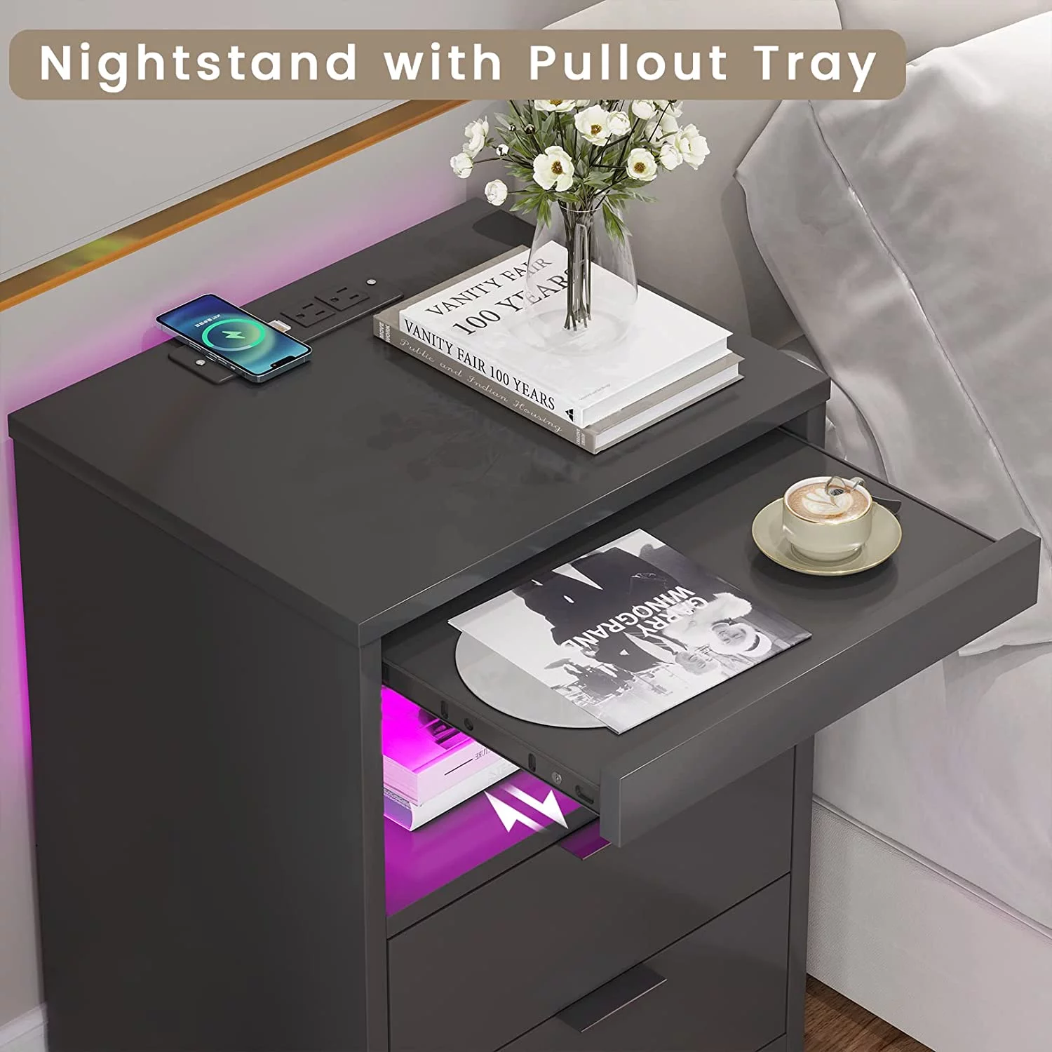 Aunfebrco Set of 2 Black LED Nightstand with Wireless Charging Station & 2 Drawers, Modern End Side Table Bedside Table for Bedroom - Cheap Fitting
