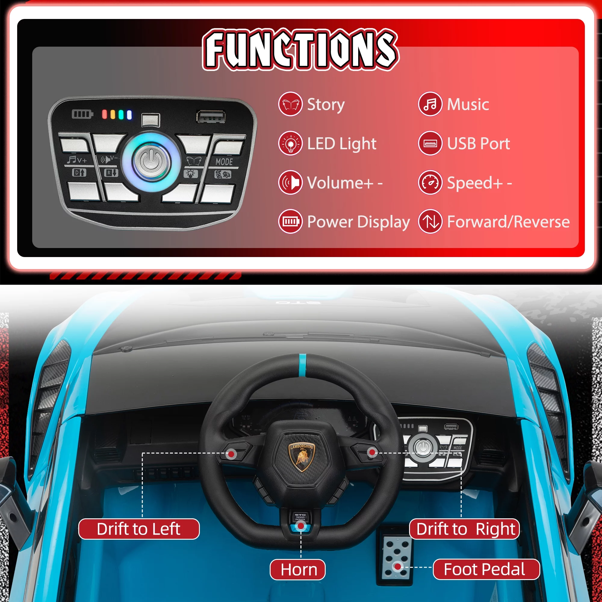 TOBBI 24V Lamborghini STO Licensed Kids Ride on Drift Car Gray Electric Car W/Remote Control LED Lights, up to 10 mph - Cheap Fitting