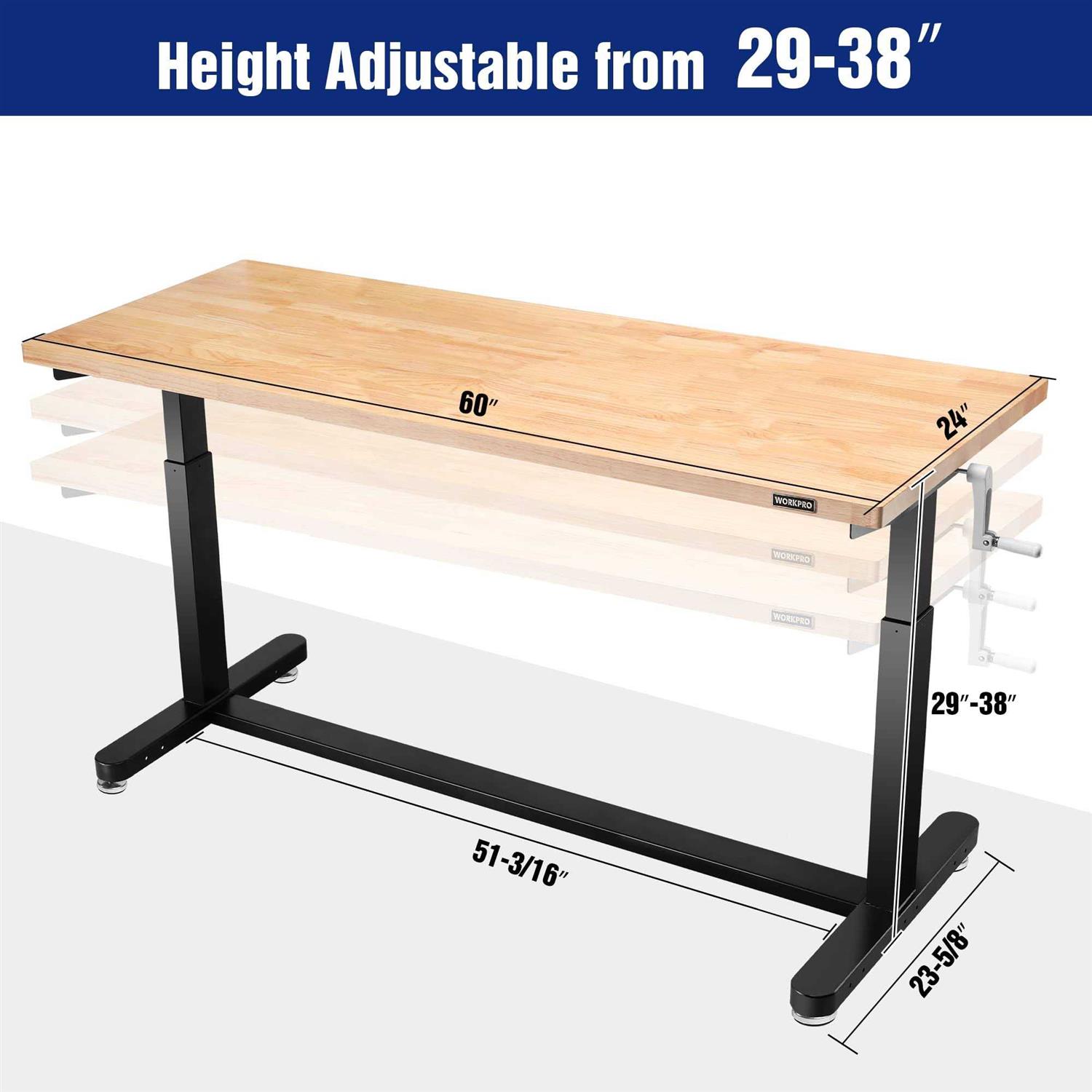 WORKPRO Height Adjustable Work Table with Crank Handle and Casters 24” Wooden Top Standing Desk Workbench - Cheap Fitting