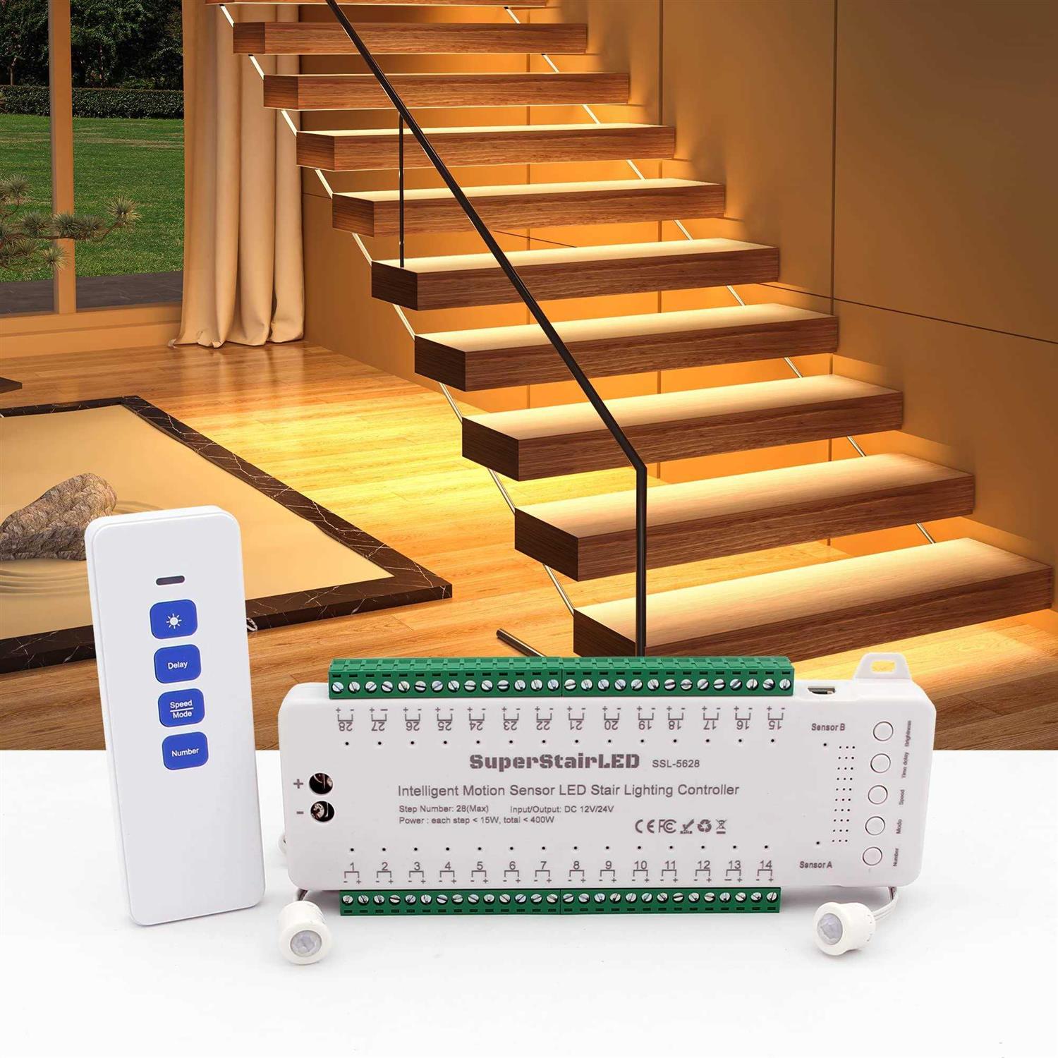 SuperStairLED Motion Sensor LED Stair Lights Controller SSL-5628 9 Modes Speed Brightness Adjustable Use for Max 28 Steps Indoor LED Stair Lighting - Cheap Fitting