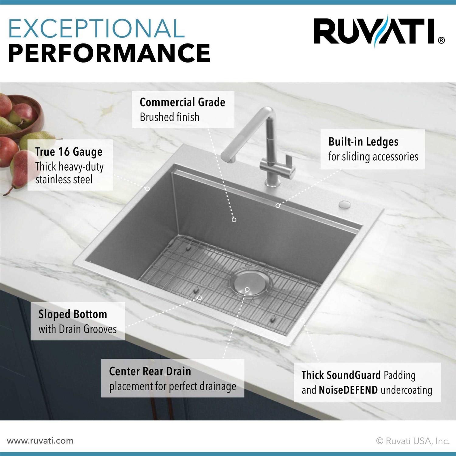Ruvati 25 x 22 inch Workstation Drop-in Tight Radius Topmount 16 Gauge Stainless Steel Ledge Kitchen Sink Single Bowl RVH8023 - Cheap Fitting