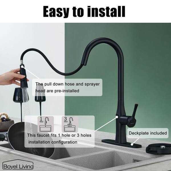 Boyel Living Single Handle No Sensor Pull Down Sprayer Kitchen Faucet with Deckplate Included and Glass Rinser BL-D3541-B - Cheap Fitting