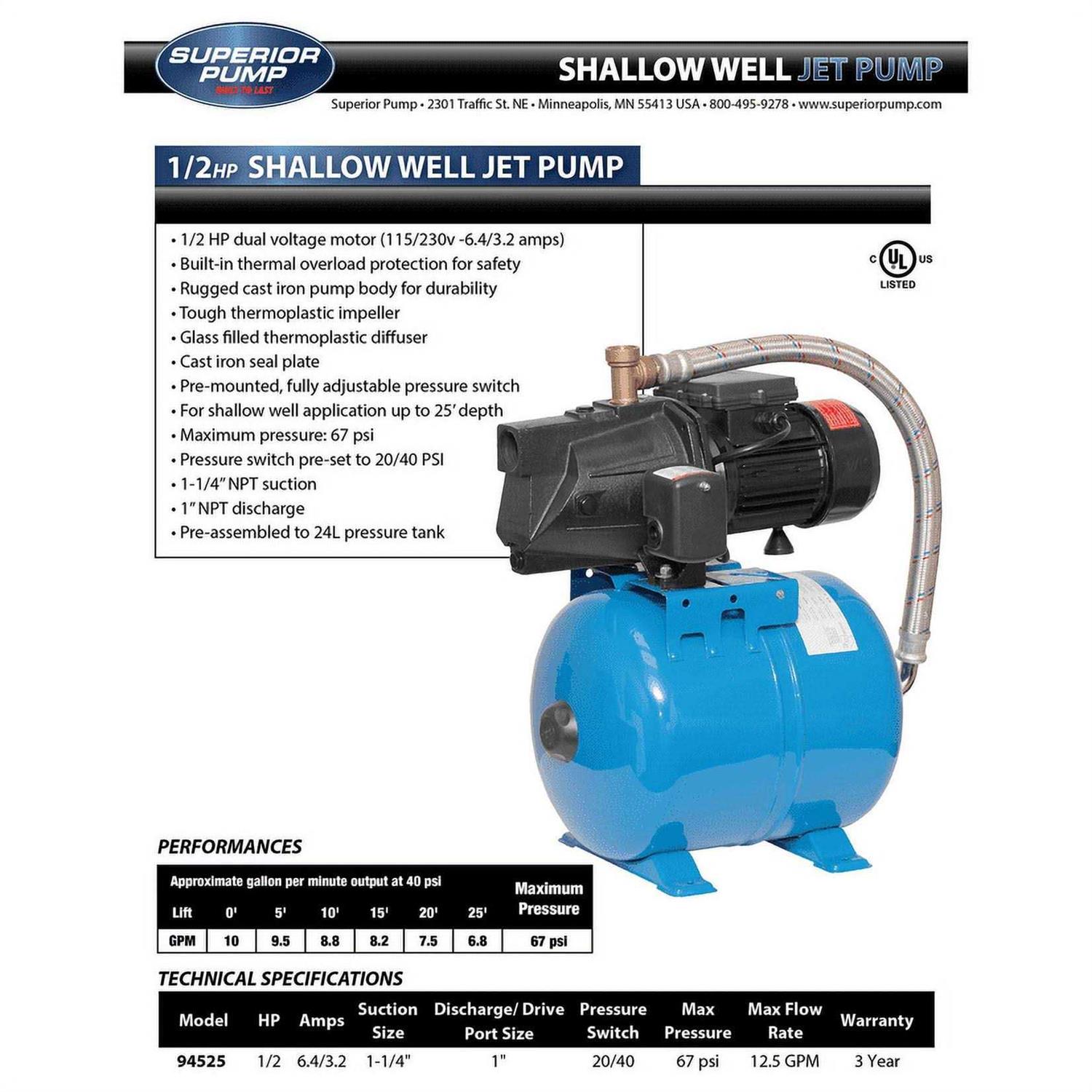 Superior Pump 1/2 HP Shallow Well Jet Tank System 94525 - Cheap Fitting