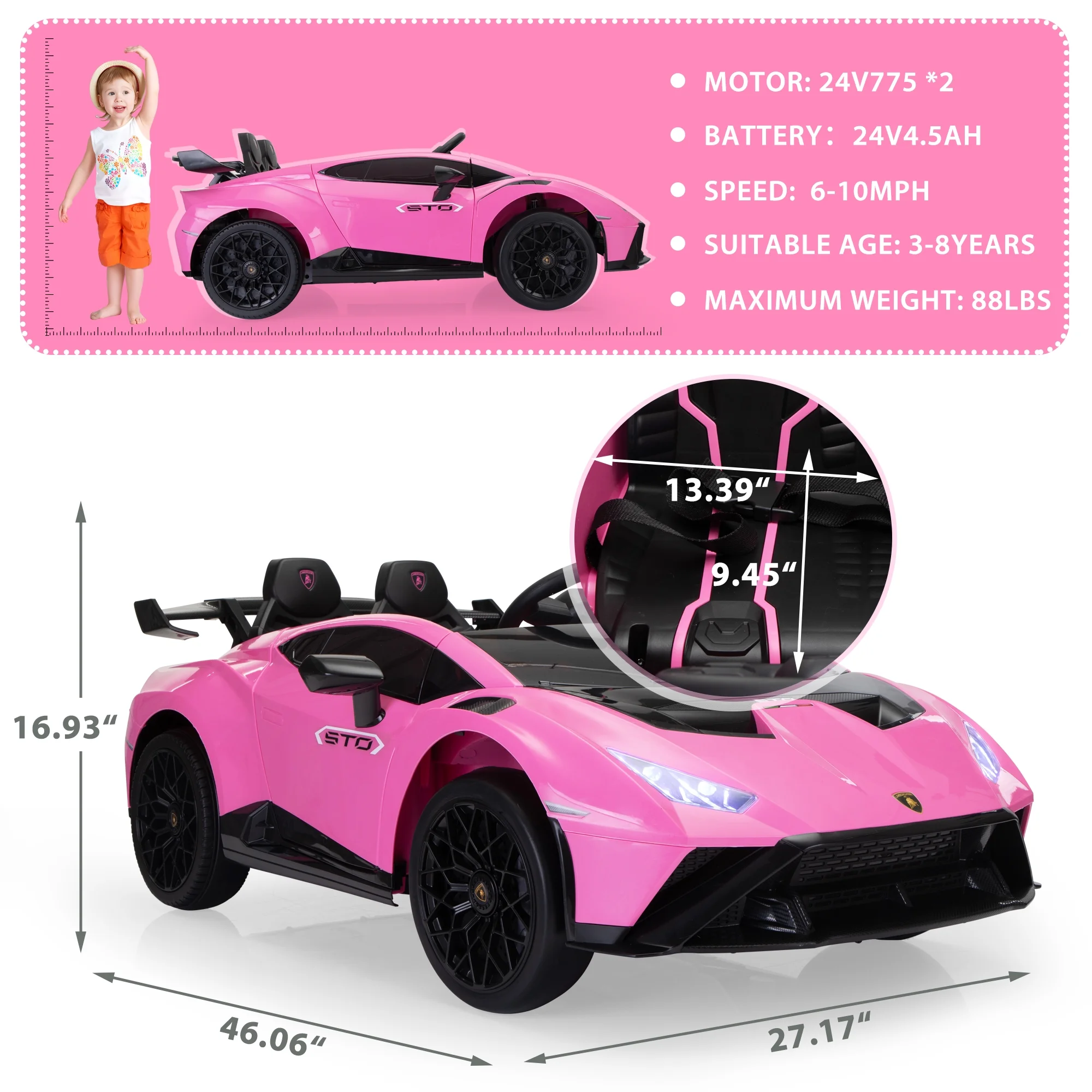 TOBBI 24V Lamborghini STO Licensed Kids Ride on Drift Car Gray Electric Car W/Remote Control LED Lights, up to 10 mph - Cheap Fitting