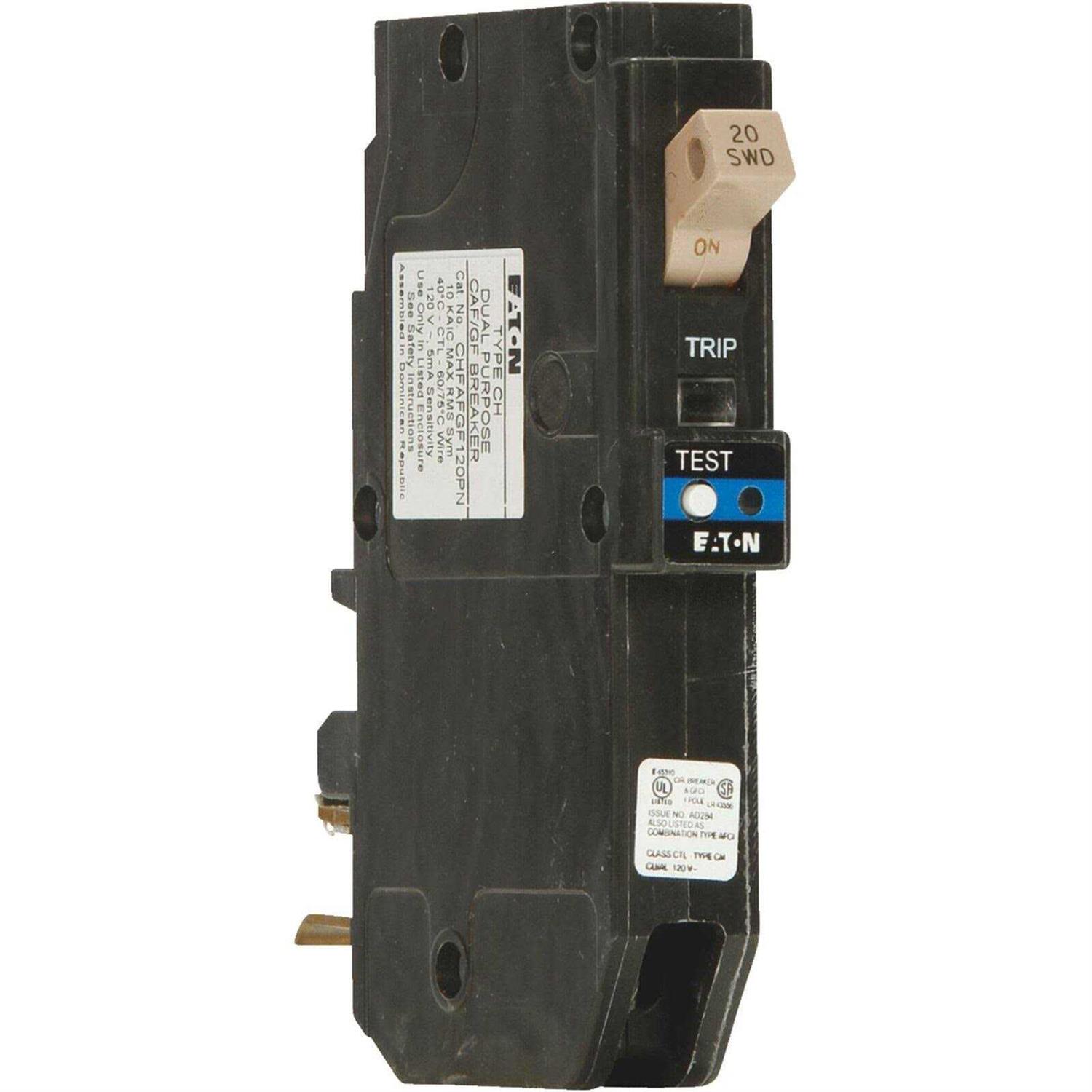 Eaton Circuit Breaker 20 amps Arc Fault/Ground Fault Single Pole CHFAFGF120PN - Cheap Fitting