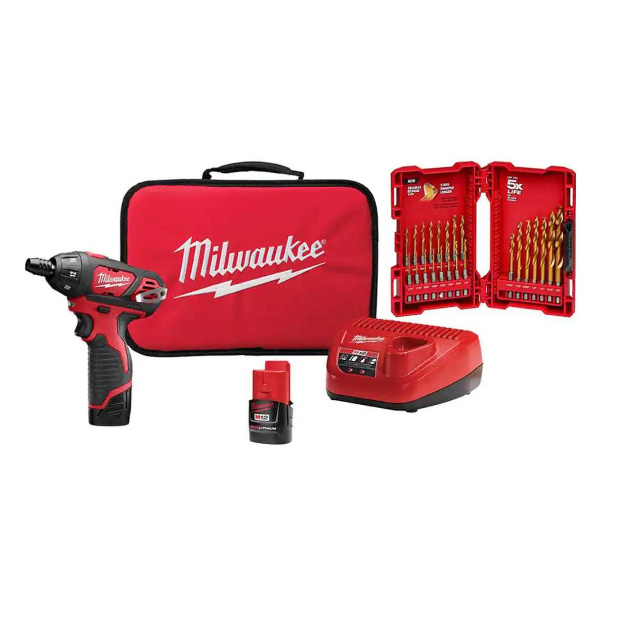 Milwaukee M12 12V Lithium-Ion Cordless 1/4 in. Hex Screwdriver Kit w/ SHOCKWAVEImpact Duty Titanium Drill Bit Set - Cheap Fitting